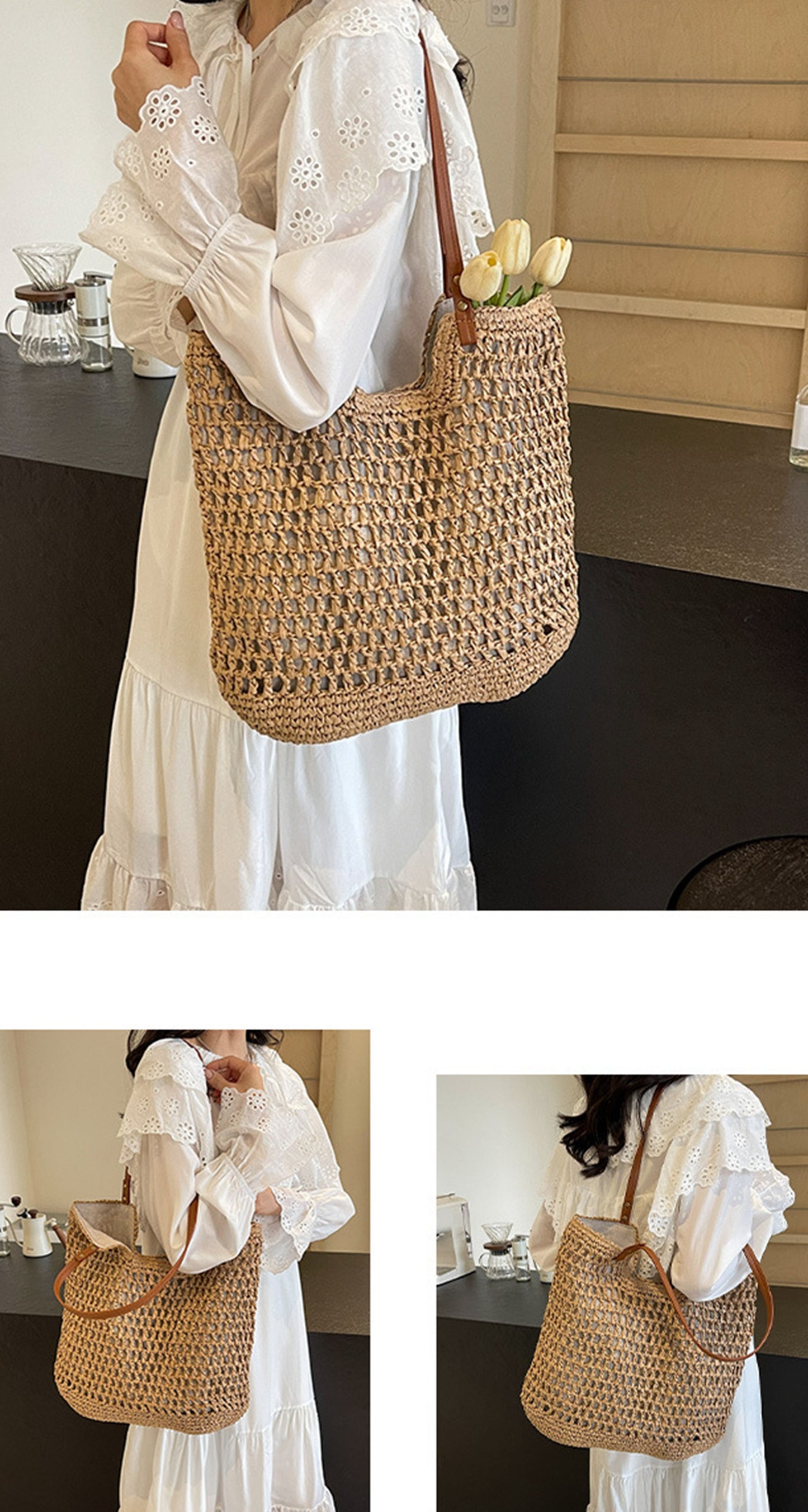 Handmade yarn knitted summer beach tote handbag HB2400023