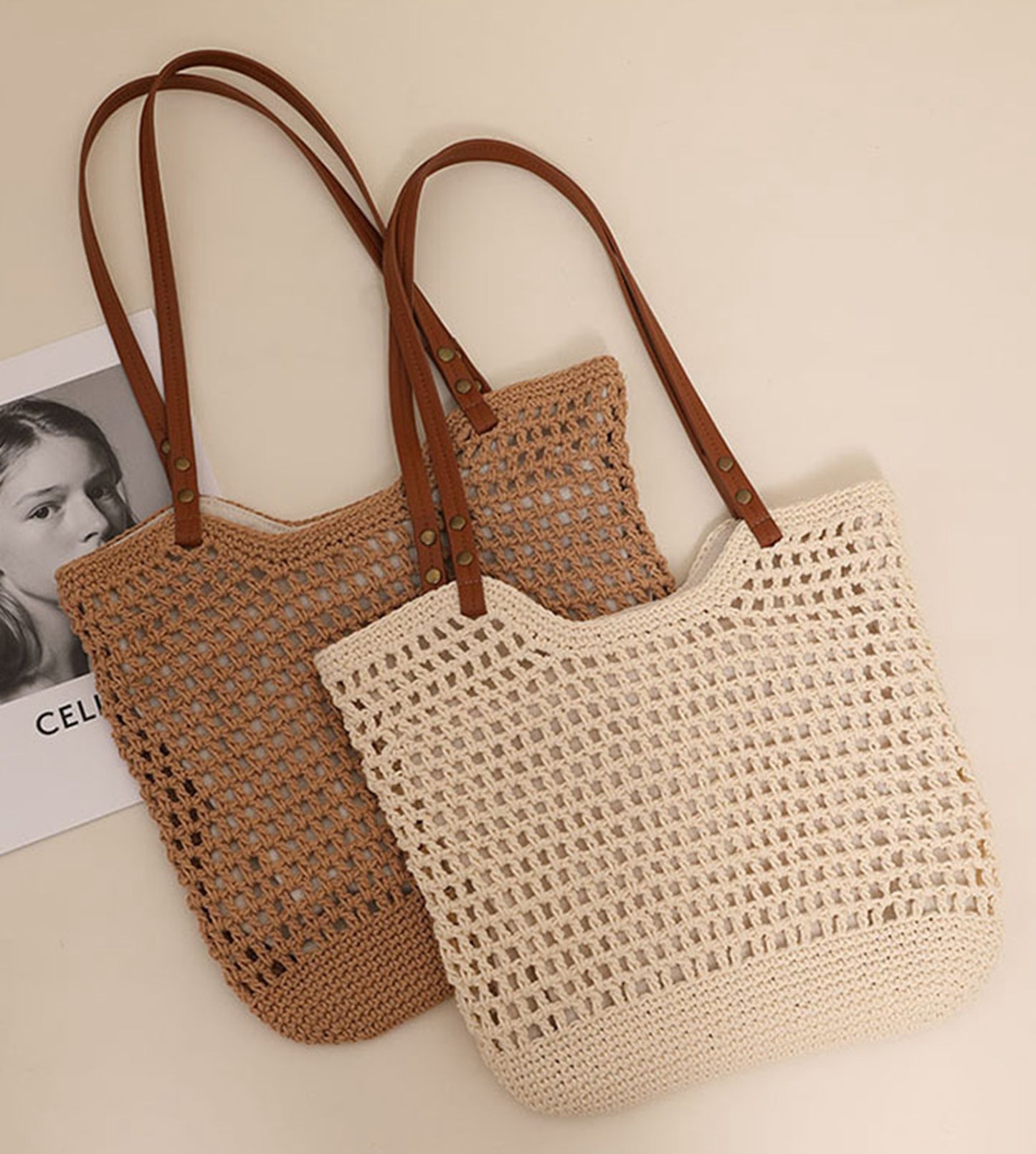Handmade yarn knitted summer beach tote handbag HB2400023