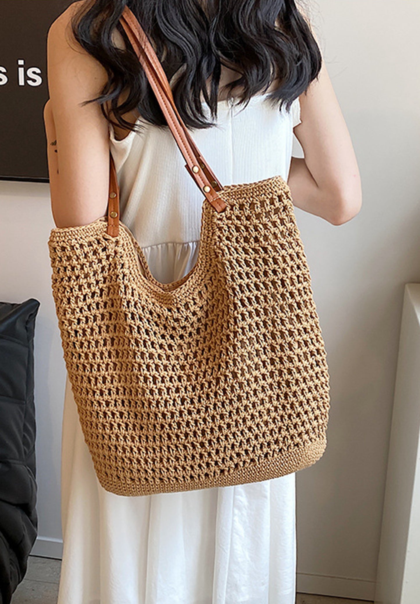 Handmade yarn knitted summer beach tote handbag HB2400023