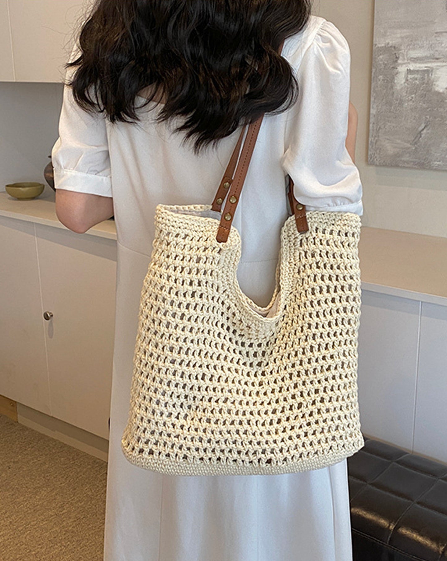Handmade yarn knitted summer beach tote handbag HB2400023
