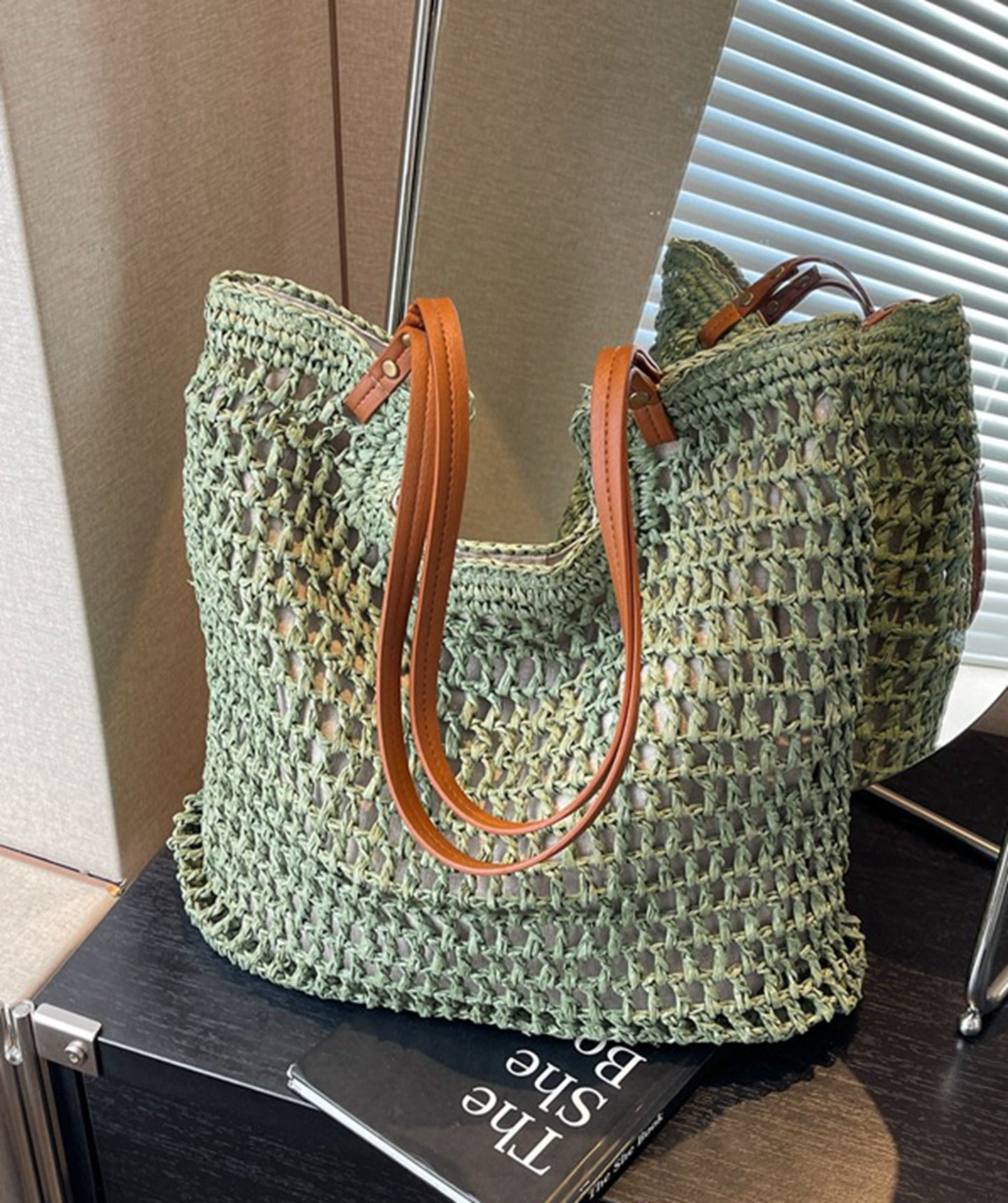 Handmade yarn knitted summer beach tote handbag HB2400023