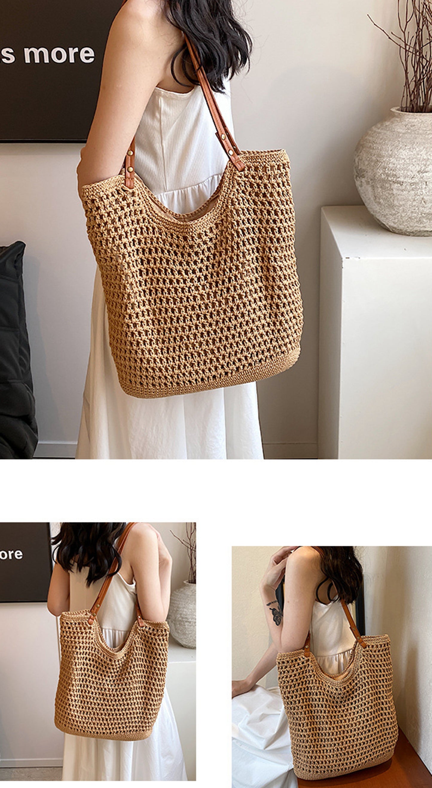 Handmade yarn knitted summer beach tote handbag HB2400023