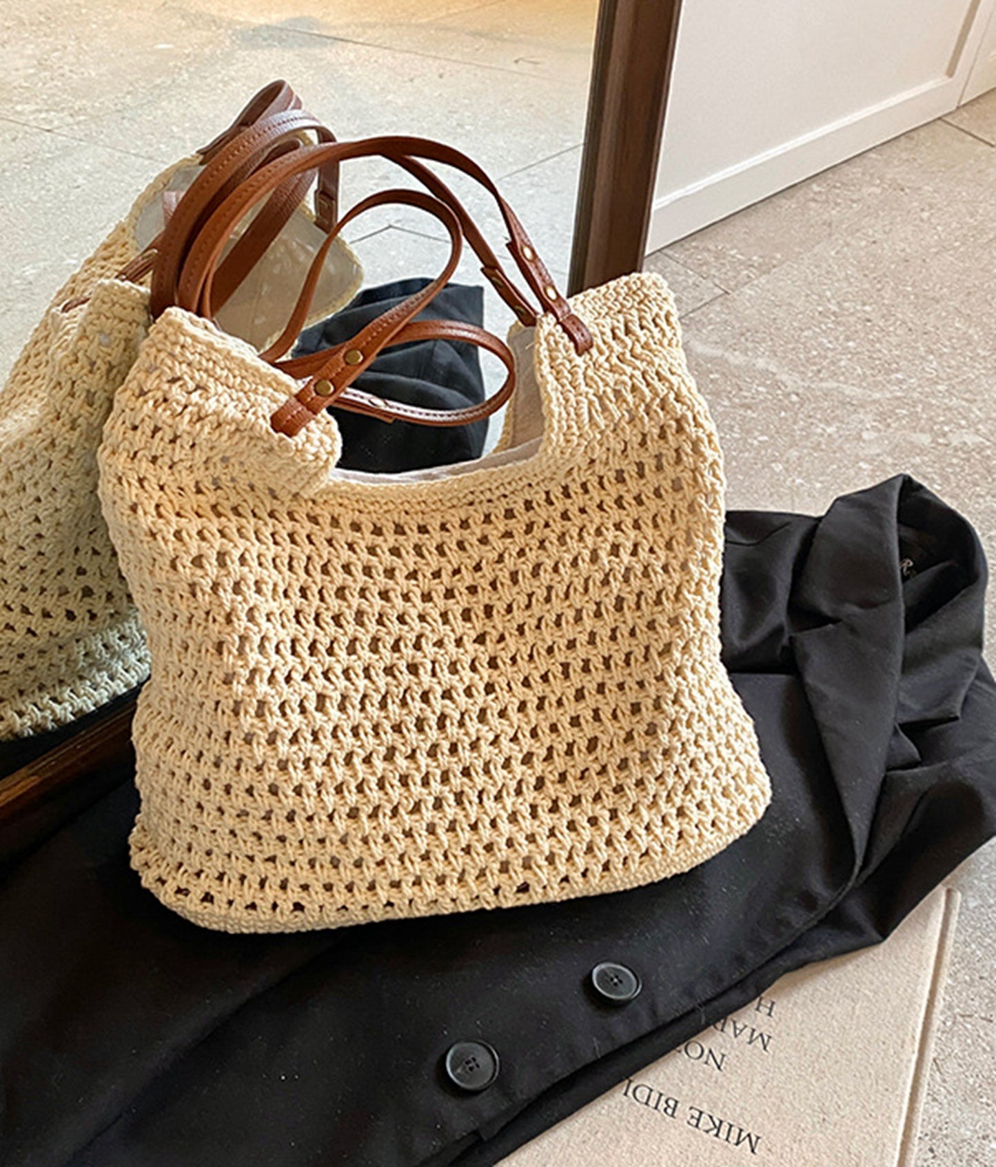Handmade yarn knitted summer beach tote handbag HB2400023