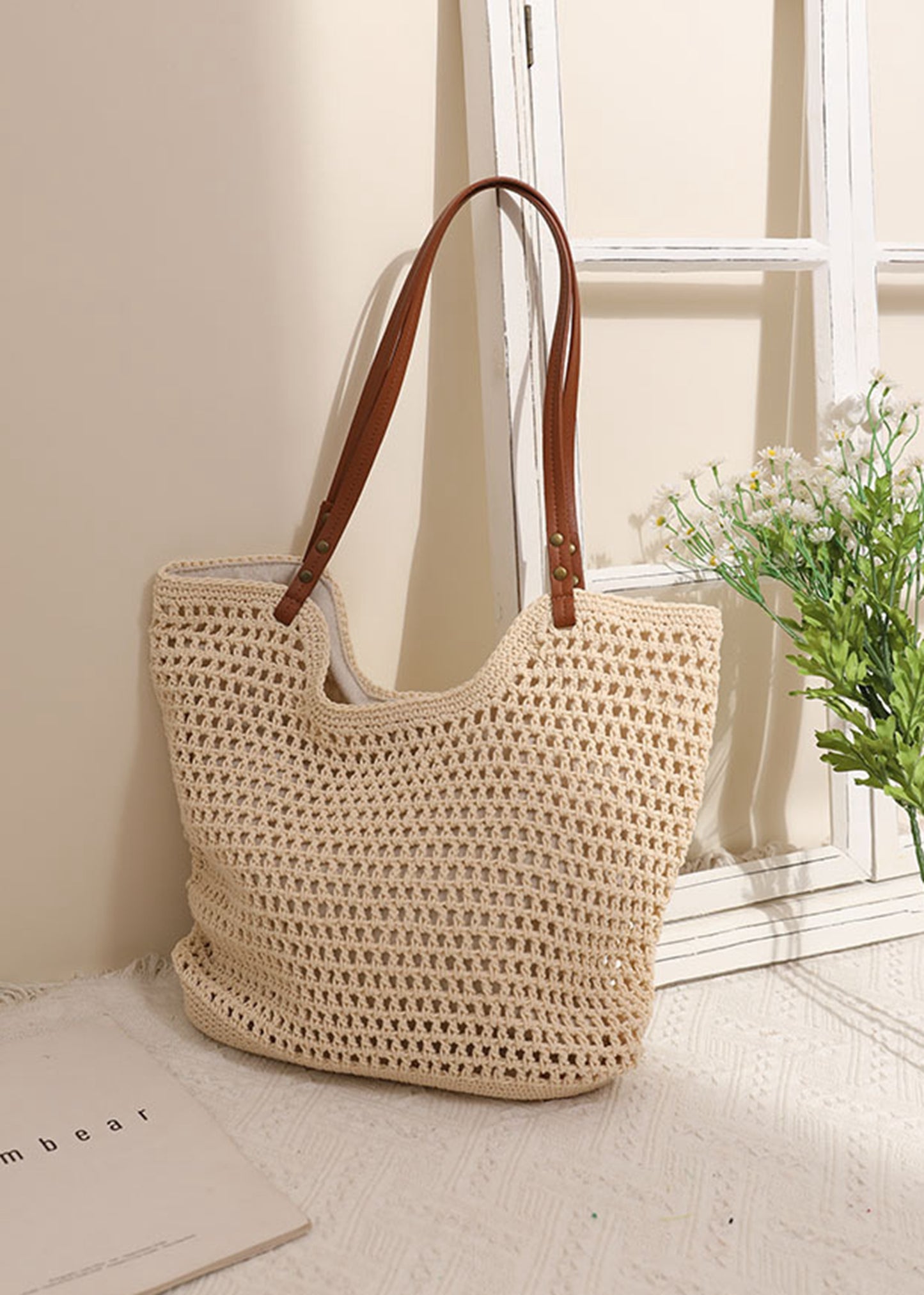 Handmade yarn knitted summer beach tote handbag HB2400023