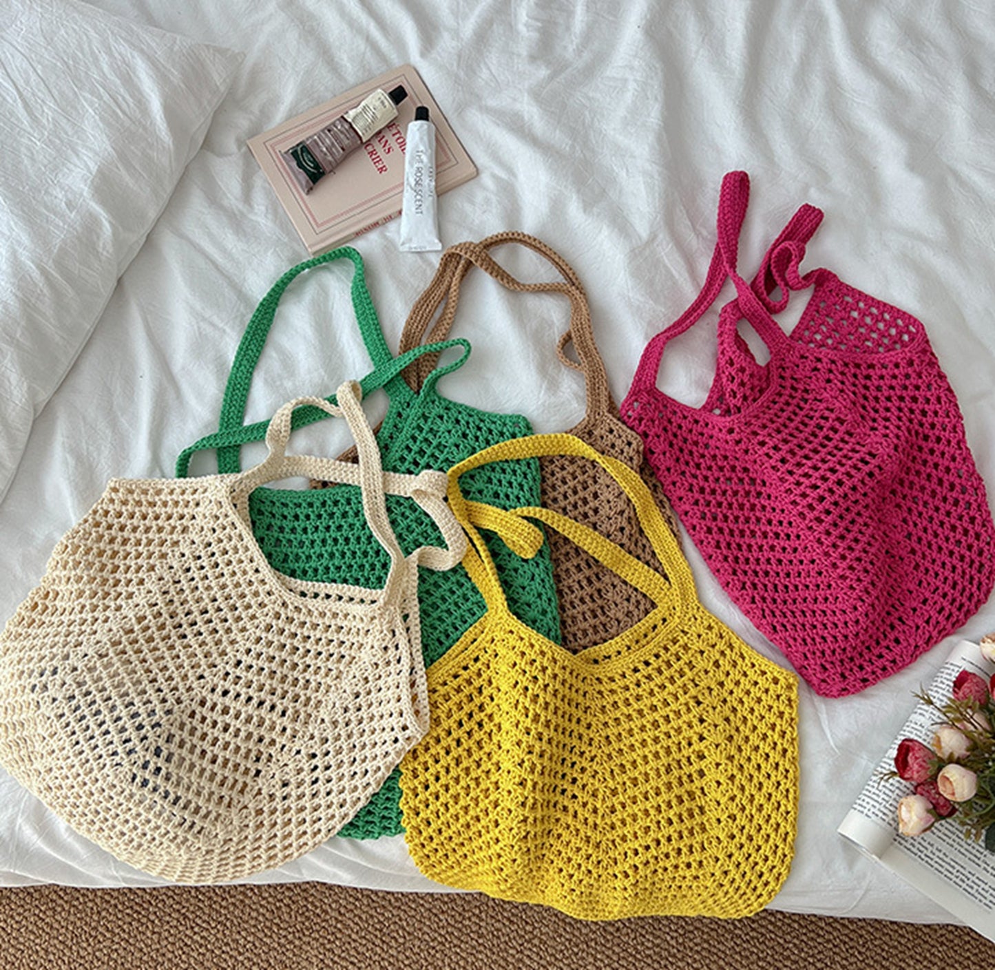 Handmade yarn knitted summer beach tote handbag HB2400023