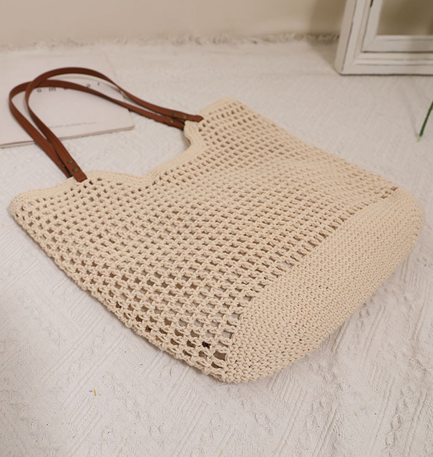 Handmade yarn knitted summer beach tote handbag HB2400023