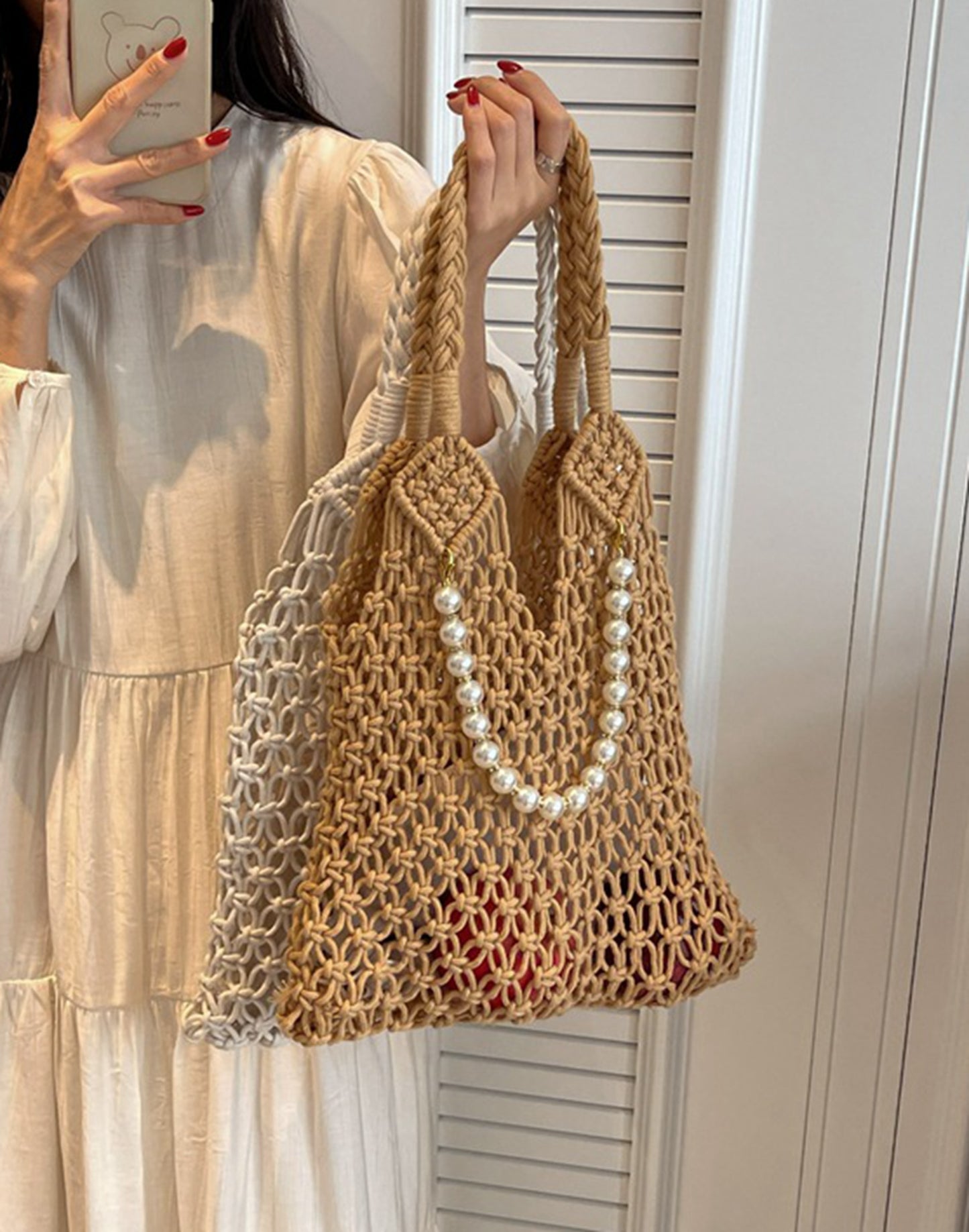 Handmade yarn knitted summer beach tote handbag with pearls chains  HB2400024