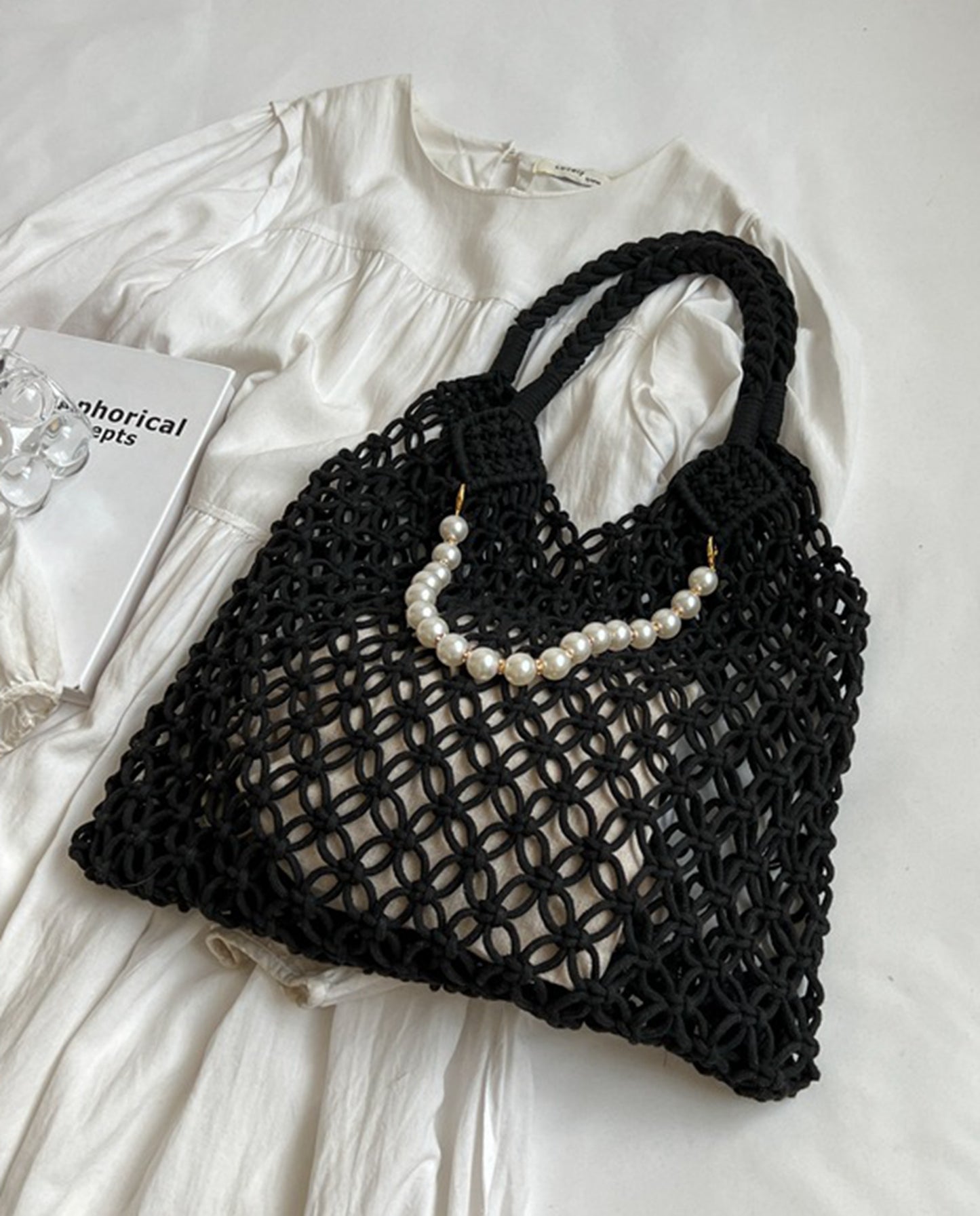 Handmade yarn knitted summer beach tote handbag with pearls chains  HB2400024