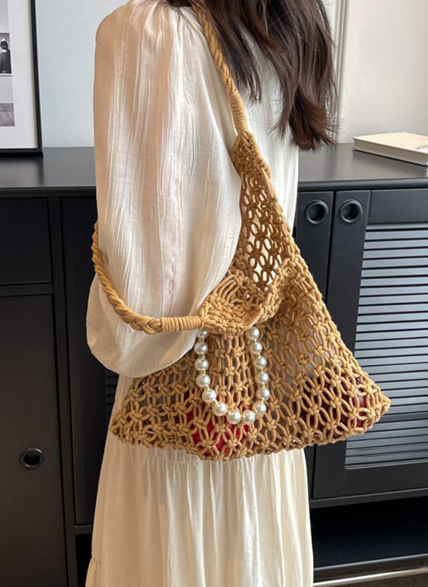 Handmade yarn knitted summer beach tote handbag with pearls chains  HB2400024