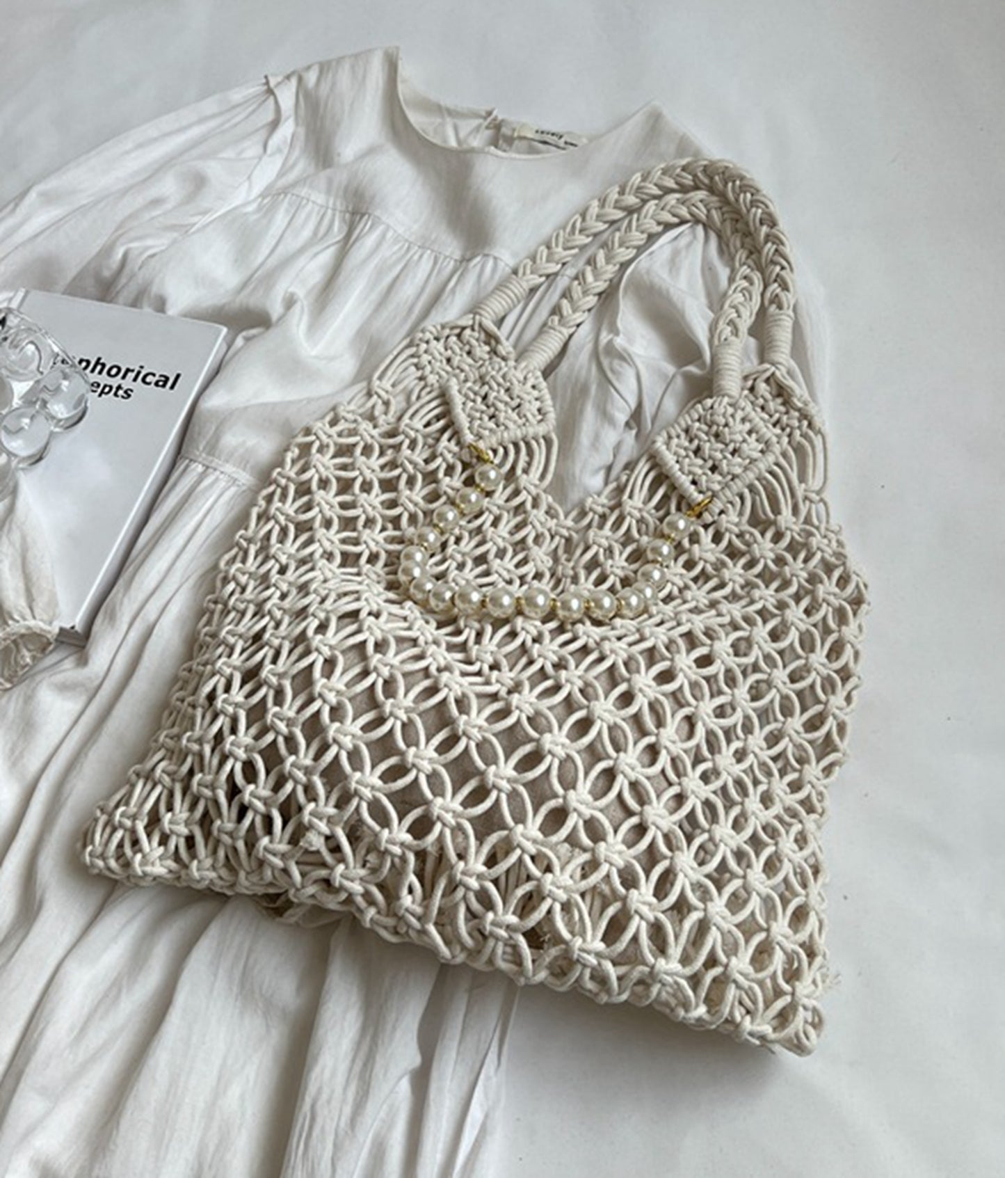 Handmade yarn knitted summer beach tote handbag with pearls chains  HB2400024