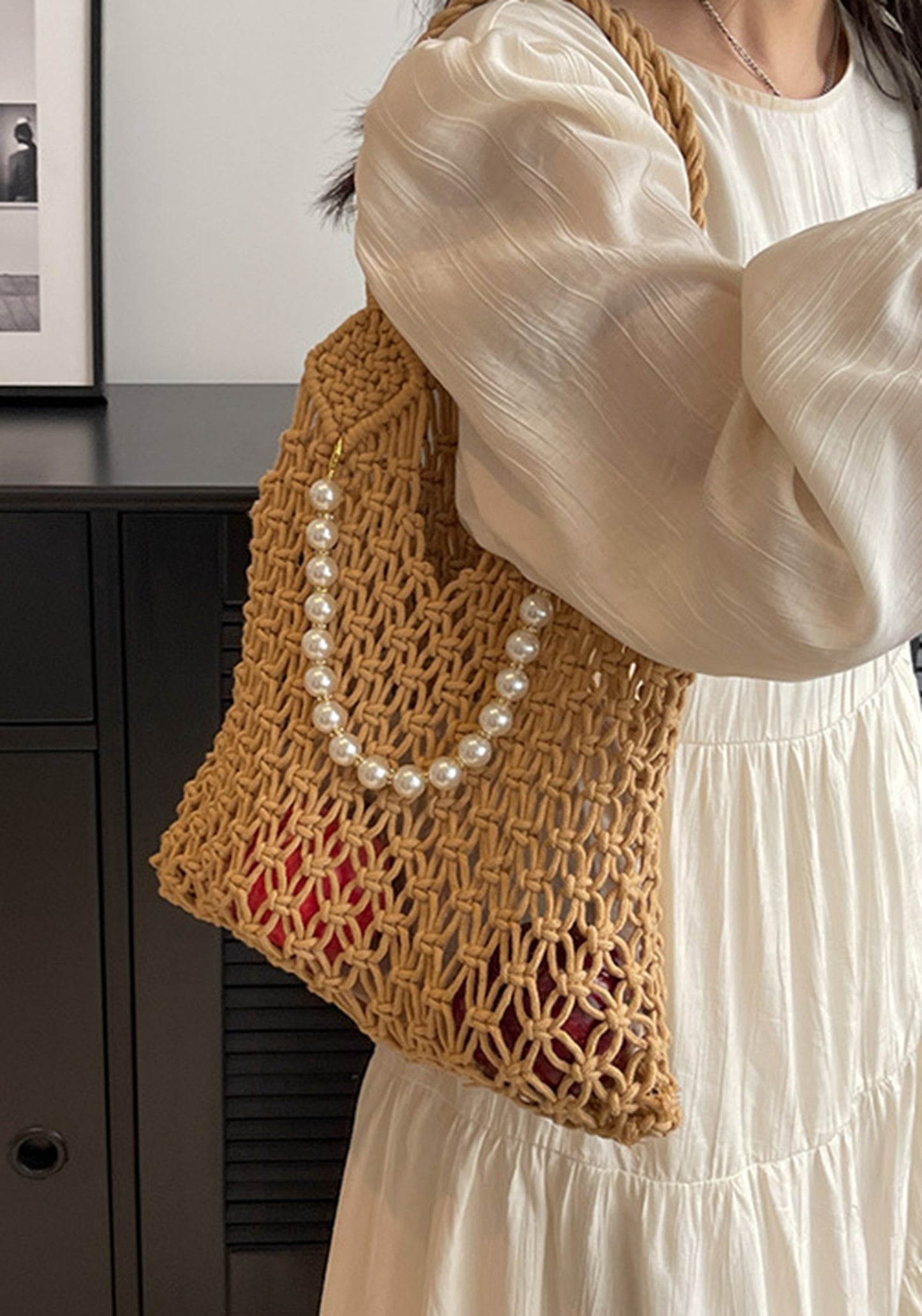 Handmade yarn knitted summer beach tote handbag with pearls chains  HB2400024