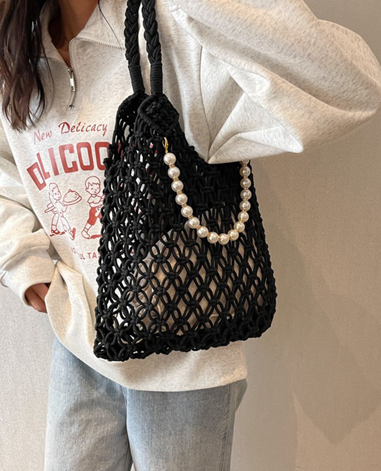 Handmade yarn knitted summer beach tote handbag with pearls chains  HB2400024
