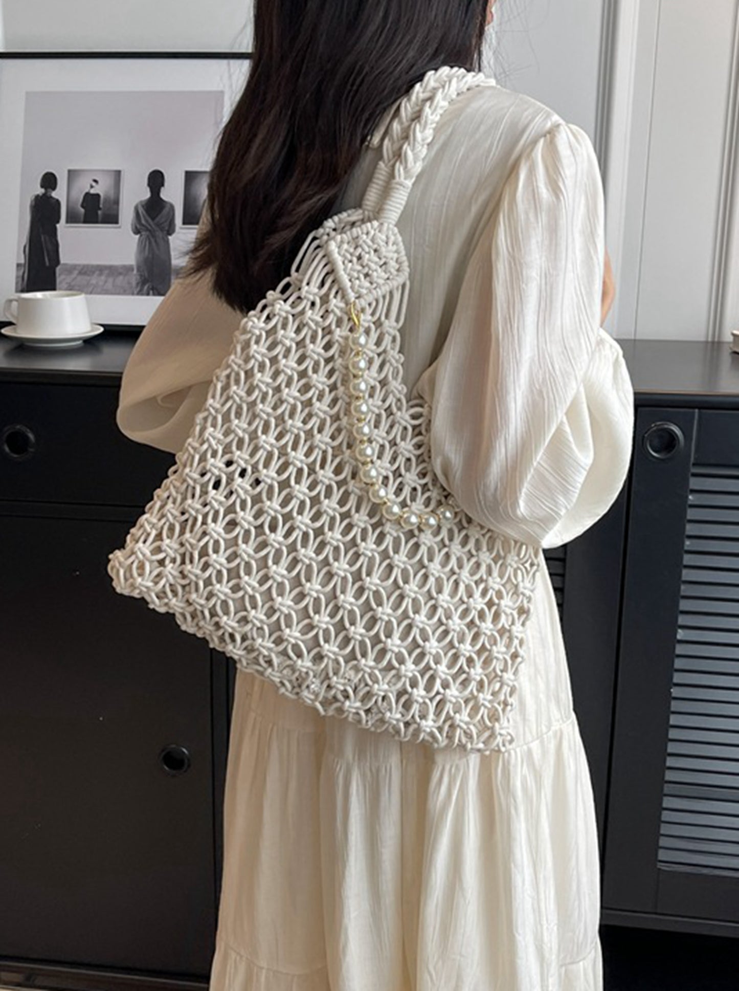 Handmade yarn knitted summer beach tote handbag with pearls chains  HB2400024