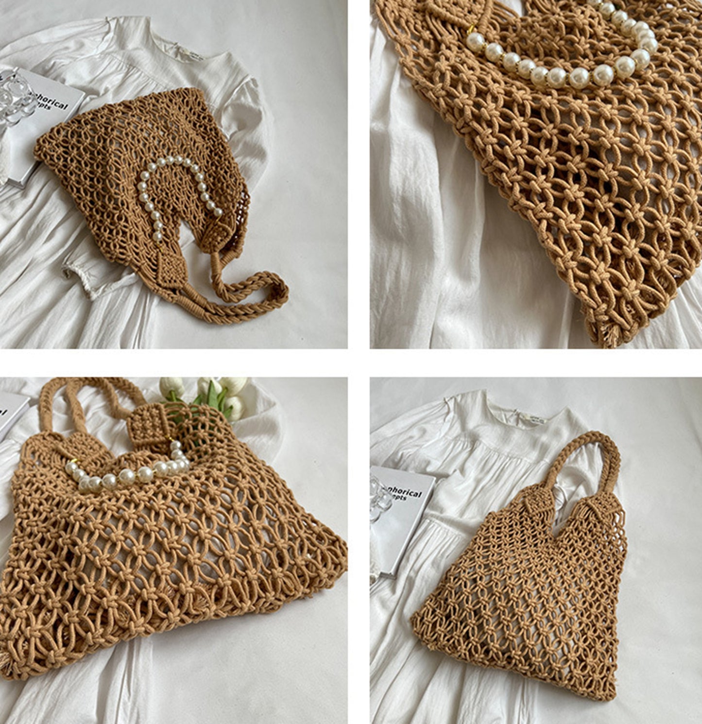 Handmade yarn knitted summer beach tote handbag with pearls chains  HB2400024