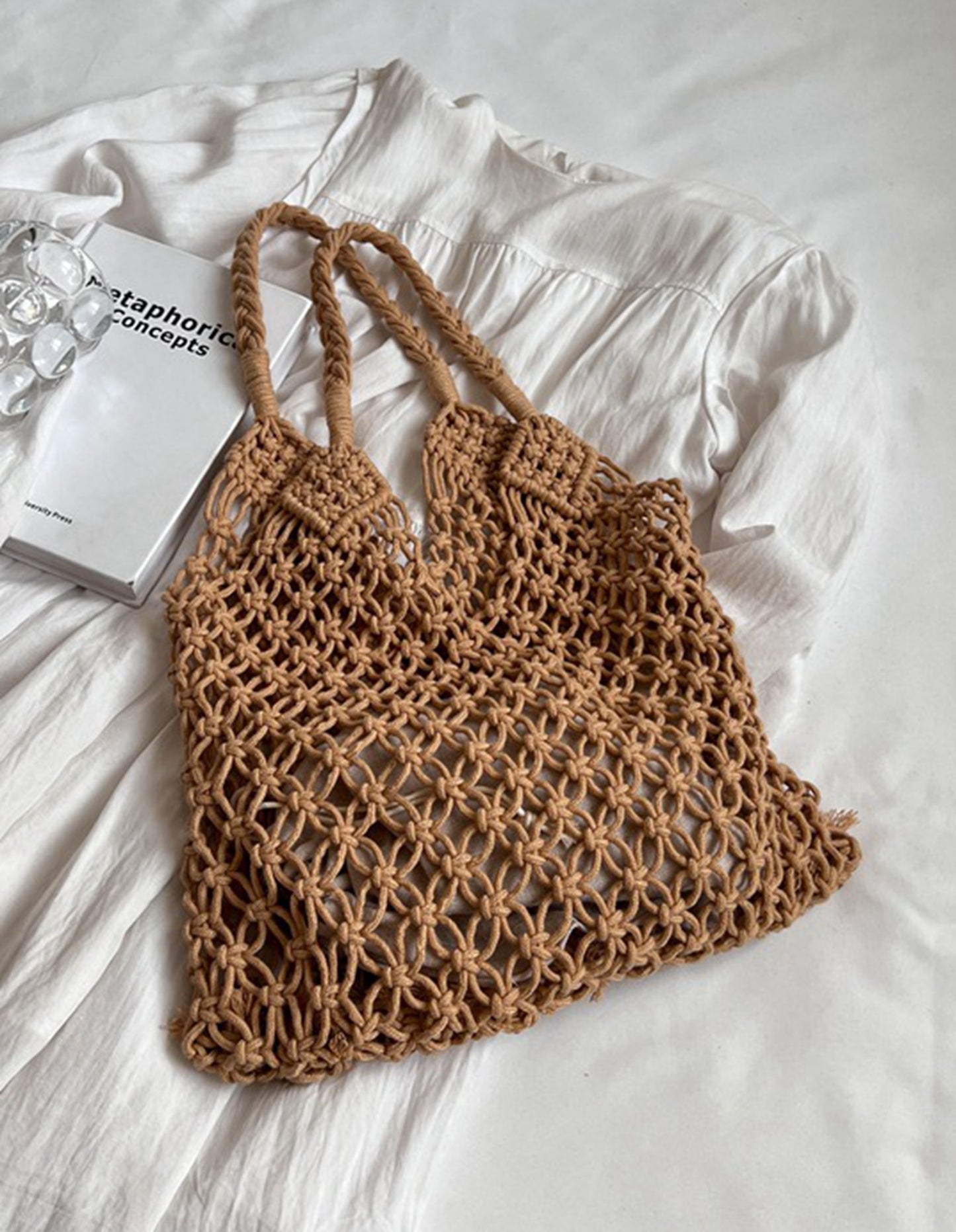 Handmade yarn knitted summer beach tote handbag with pearls chains  HB2400024