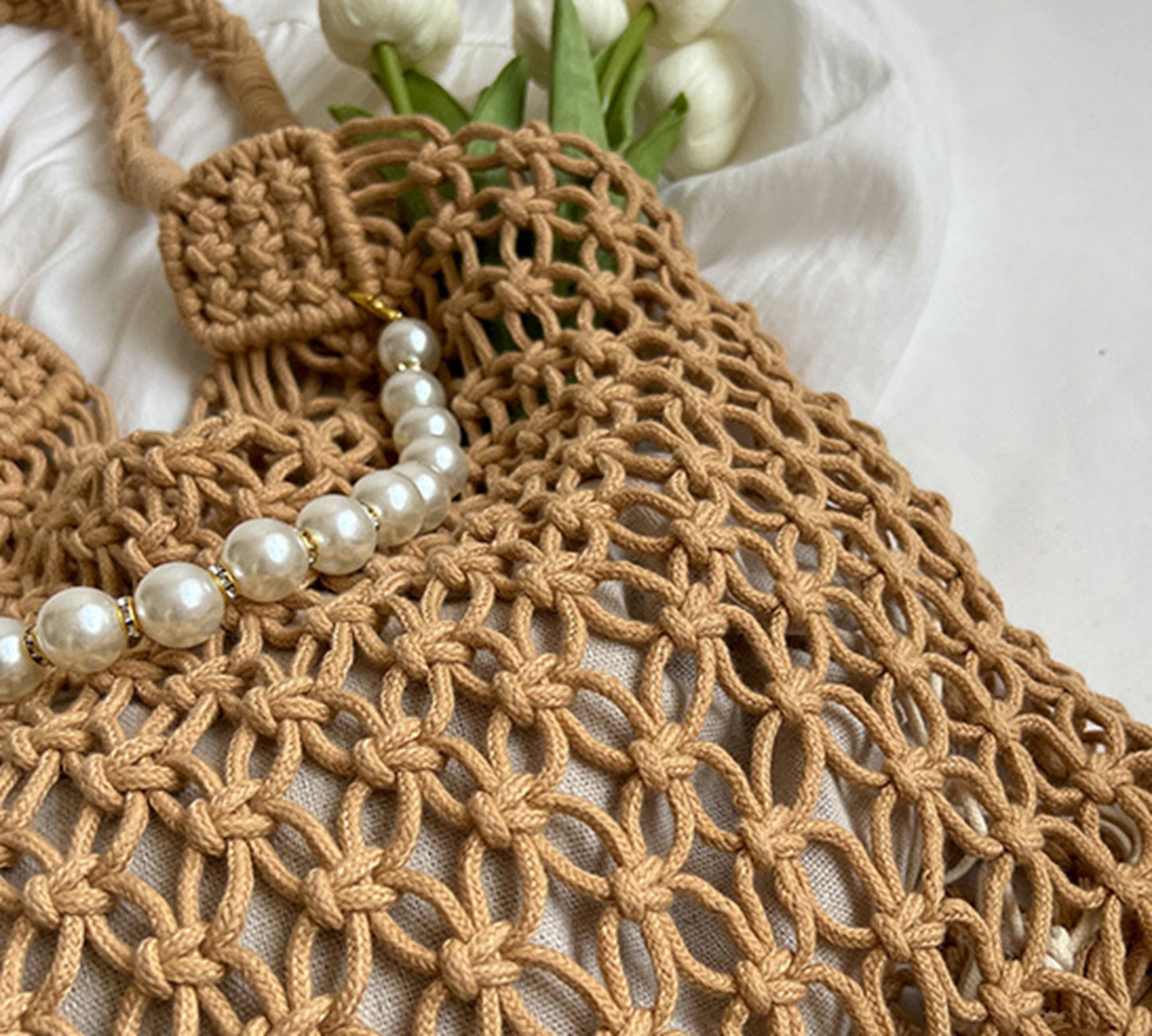 Handmade yarn knitted summer beach tote handbag HB2400023