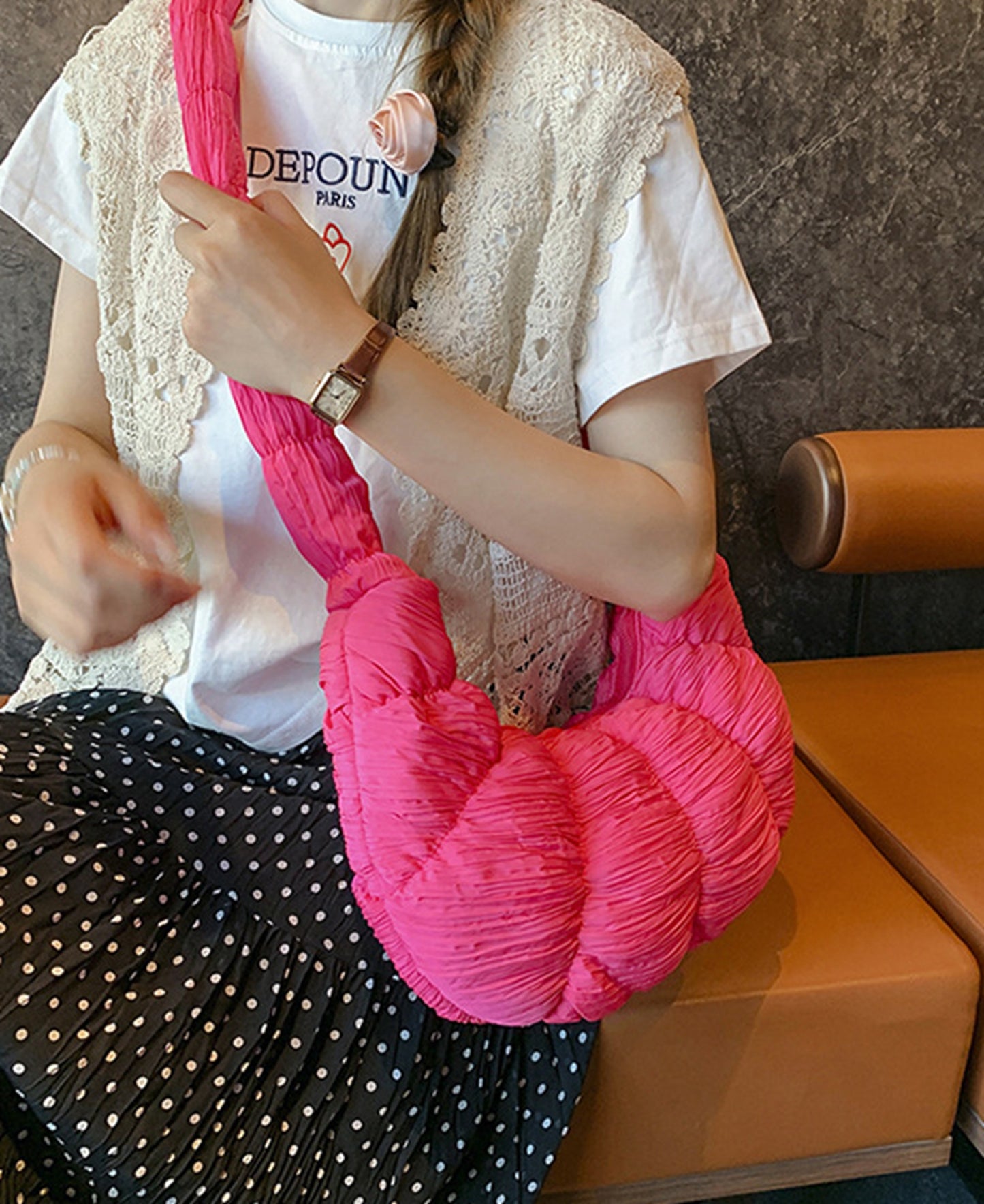 Hot pink quilted puffy crossbody shoulder bag for travel HB2400025