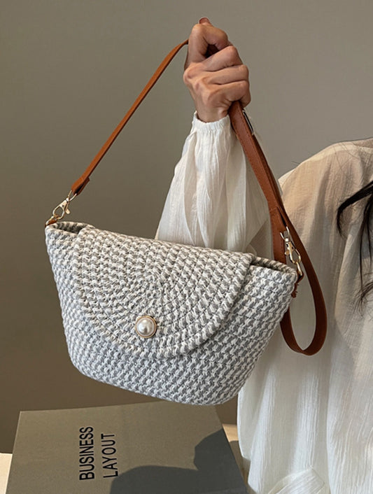 Chic handmade straw knitted summer beach tote handbag with pearls HB2400028