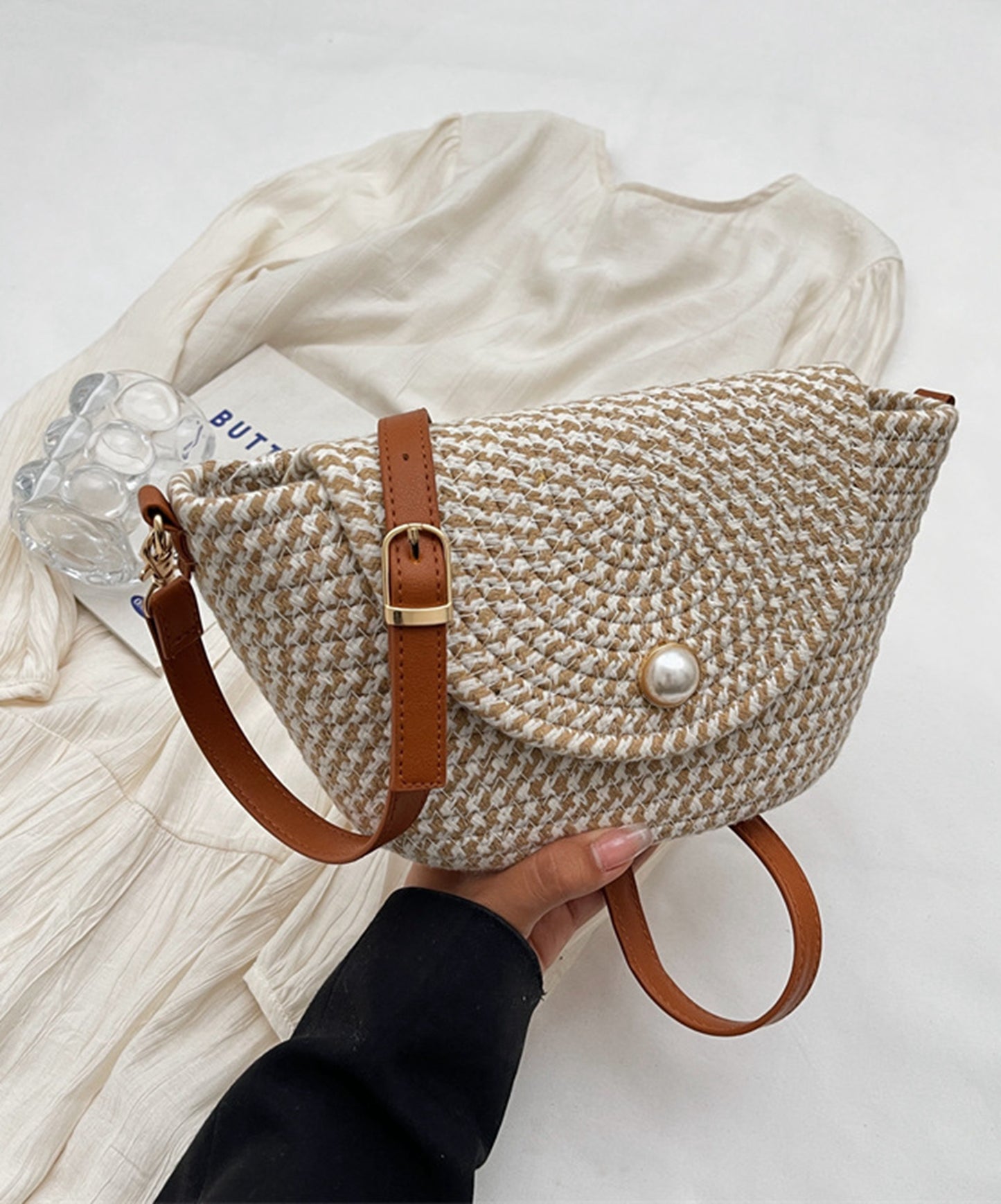 Chic handmade straw knitted summer beach tote handbag with pearls HB2400028
