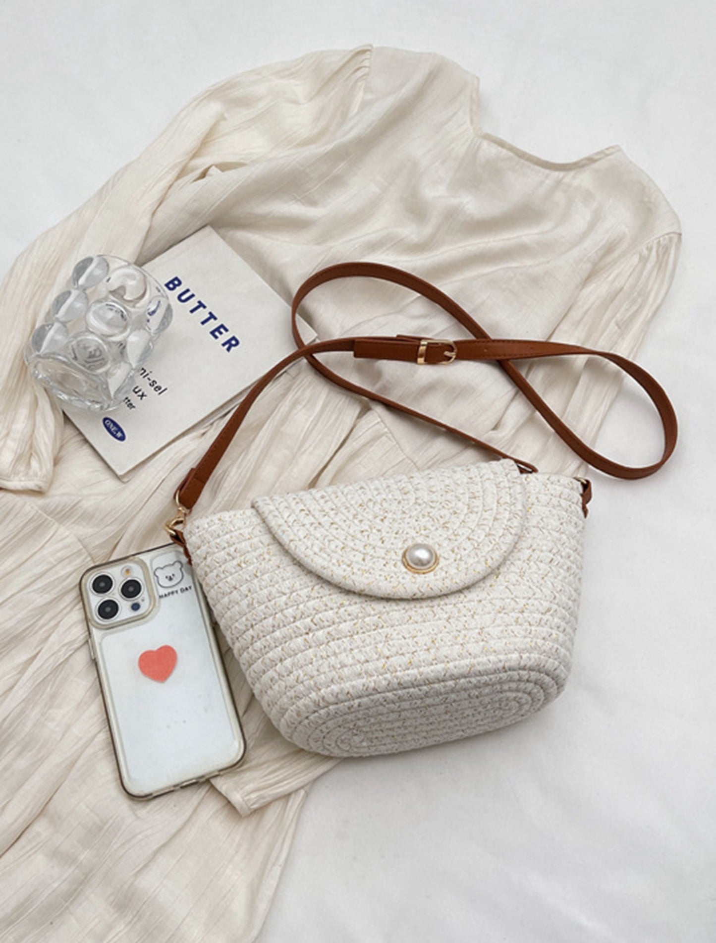 Chic handmade straw knitted summer beach tote handbag with pearls HB2400028