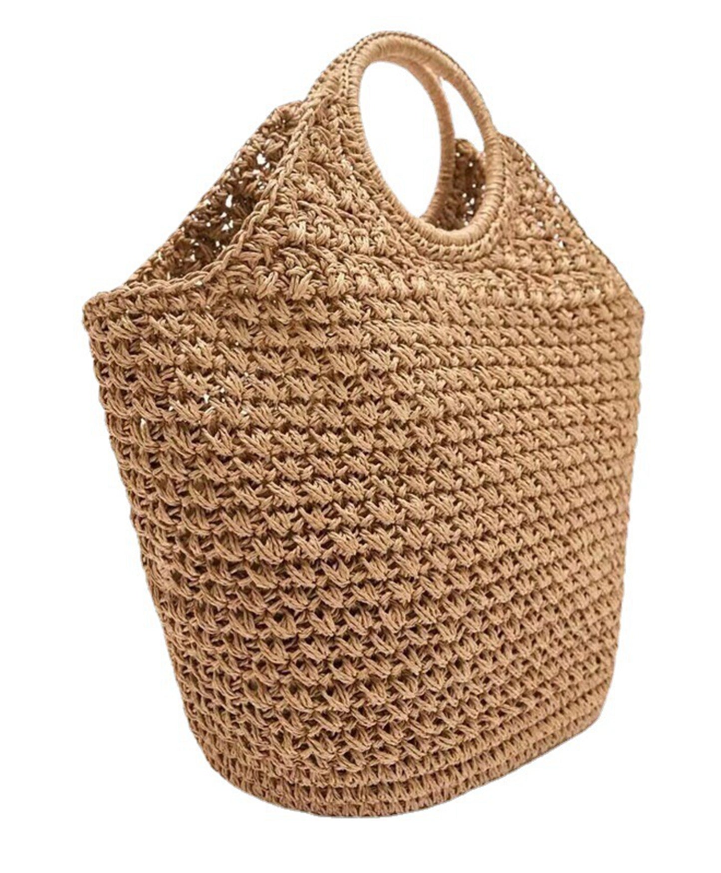 Khaki handmade straw knitted summer beach tote handbag