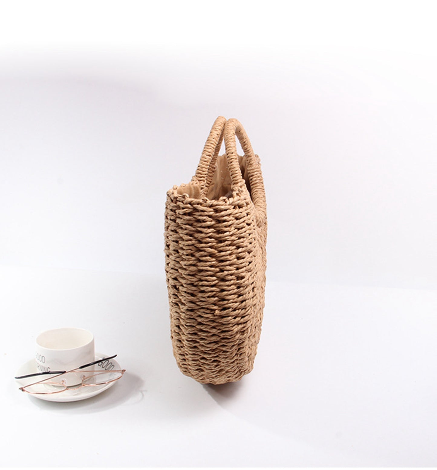 Straw handmade knitted summer beach tote handbag