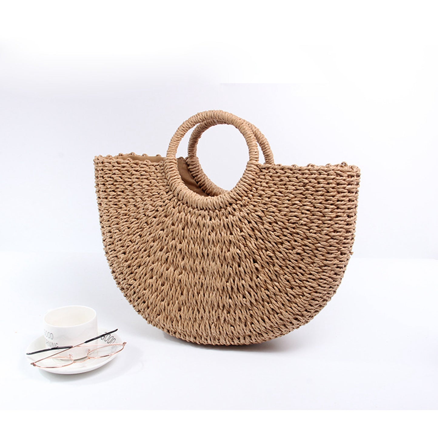 Straw handmade knitted summer beach tote handbag