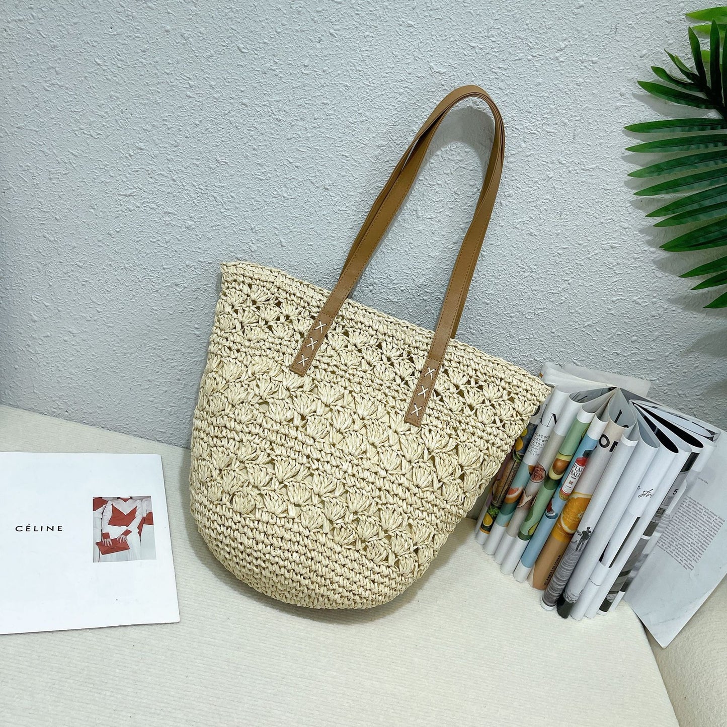 Stylish handmade straw knitted summer beach tote handbag for women