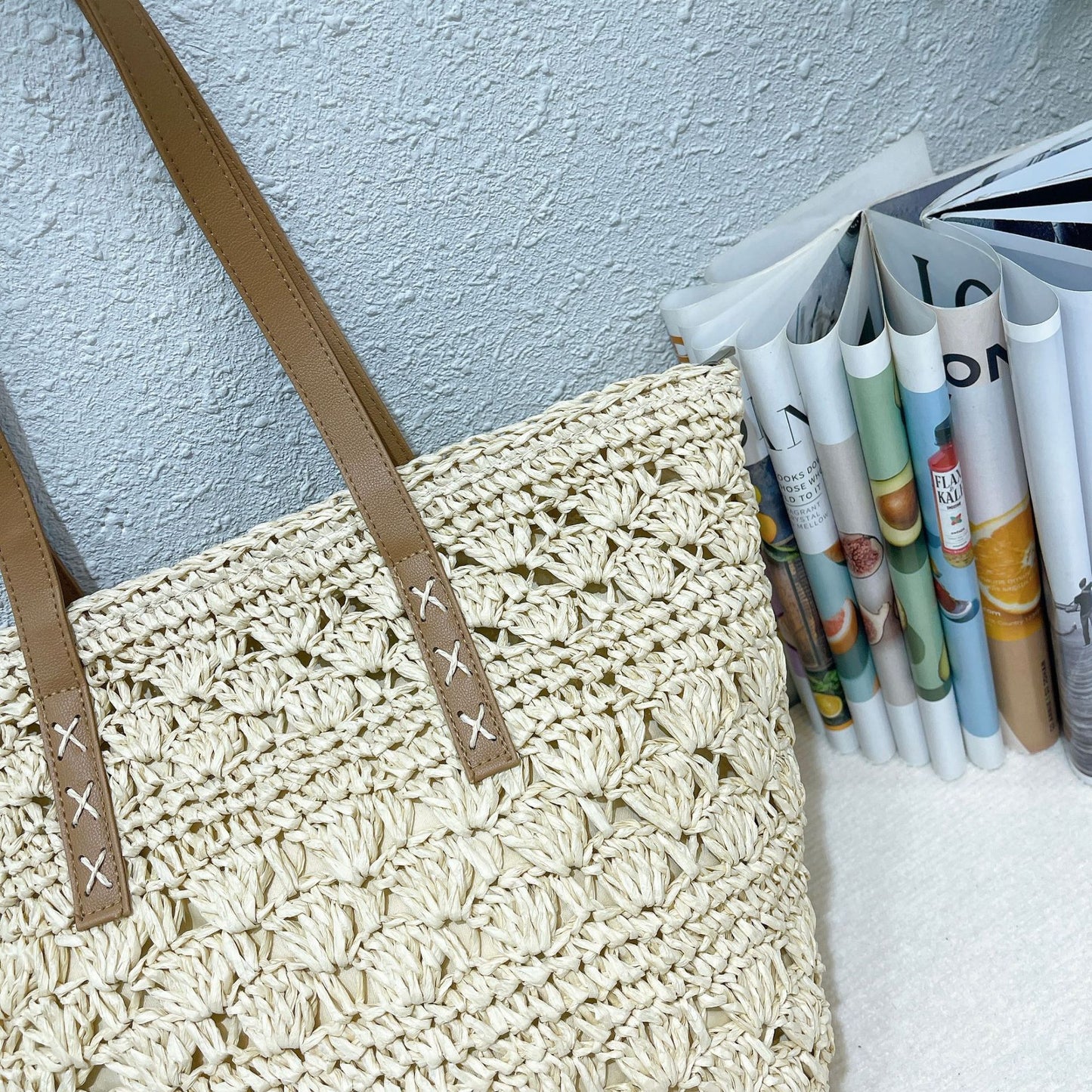 Stylish handmade straw knitted summer beach tote handbag for women