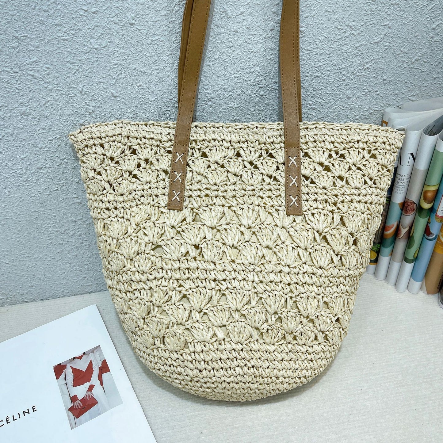 Stylish handmade straw knitted summer beach tote handbag for women
