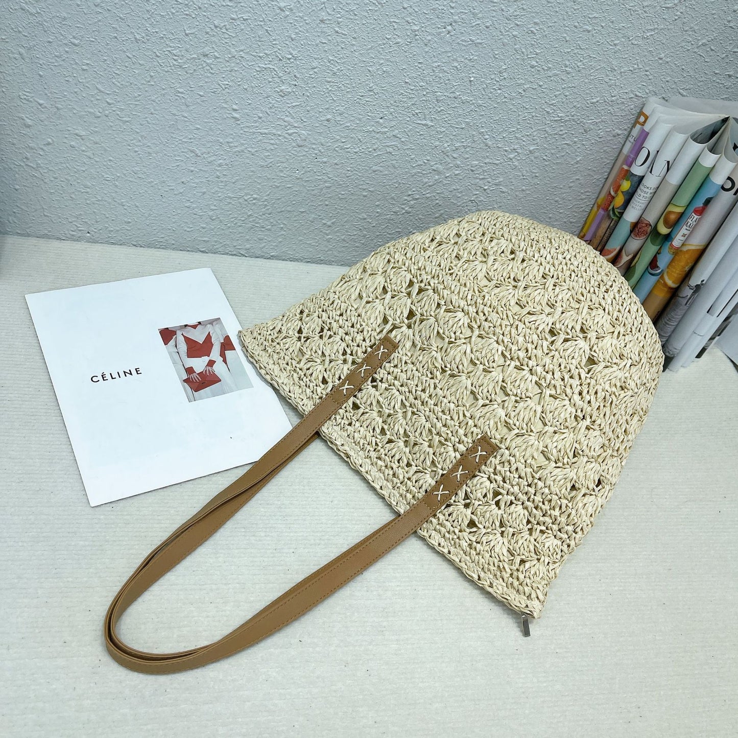 Stylish handmade straw knitted summer beach tote handbag for women