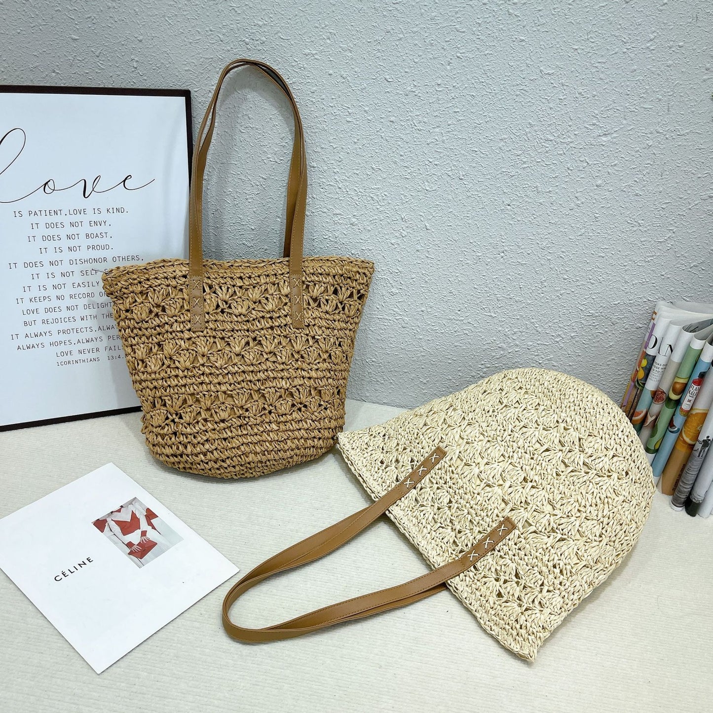 Stylish handmade straw knitted summer beach tote handbag for women