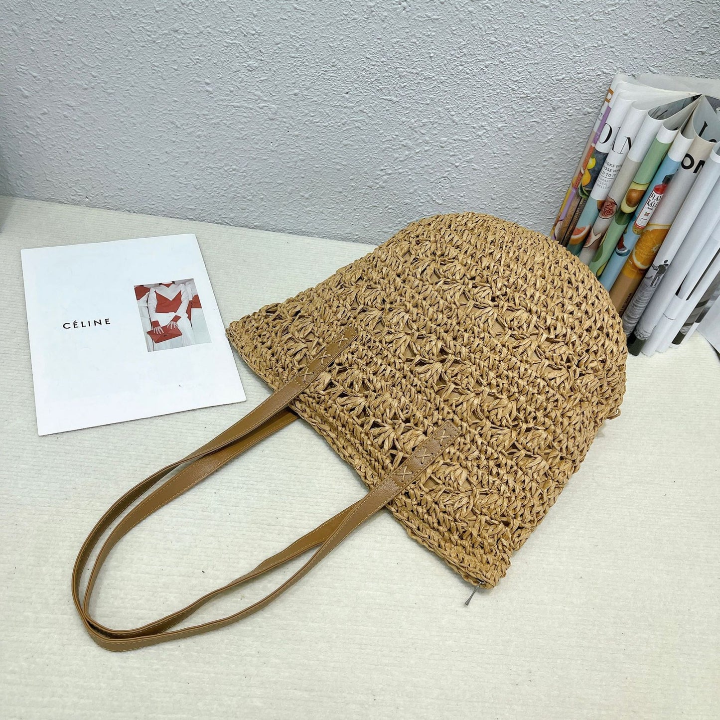 Stylish handmade straw knitted summer beach tote handbag for women