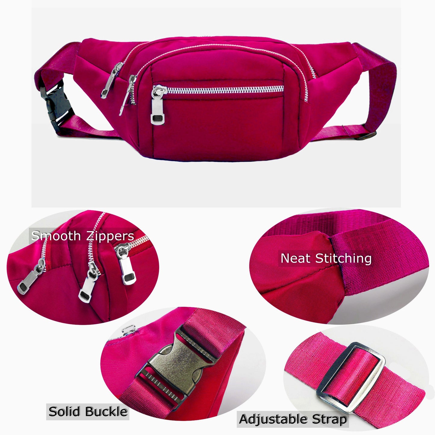 Hot pink nylon crossbody fanny waist pack purse for daily outings