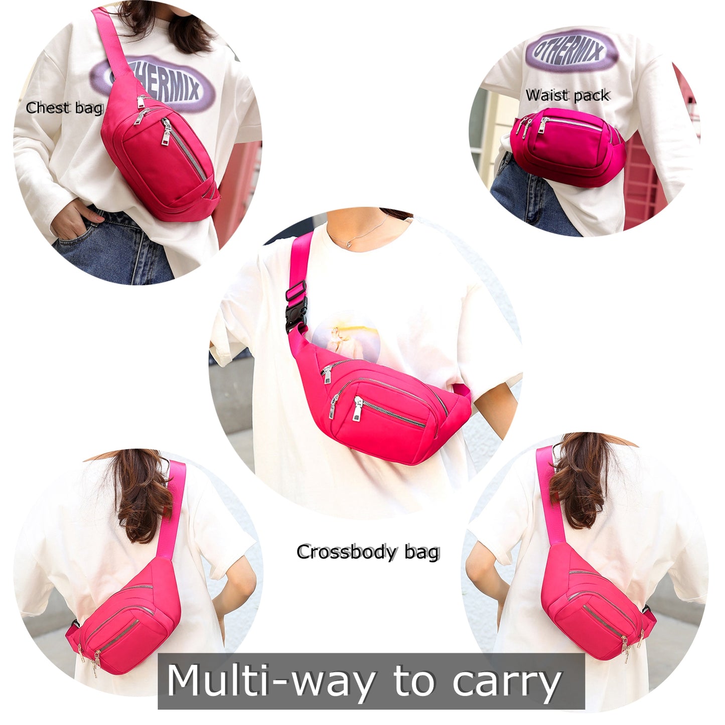 Hot pink nylon crossbody fanny waist pack purse for daily outings