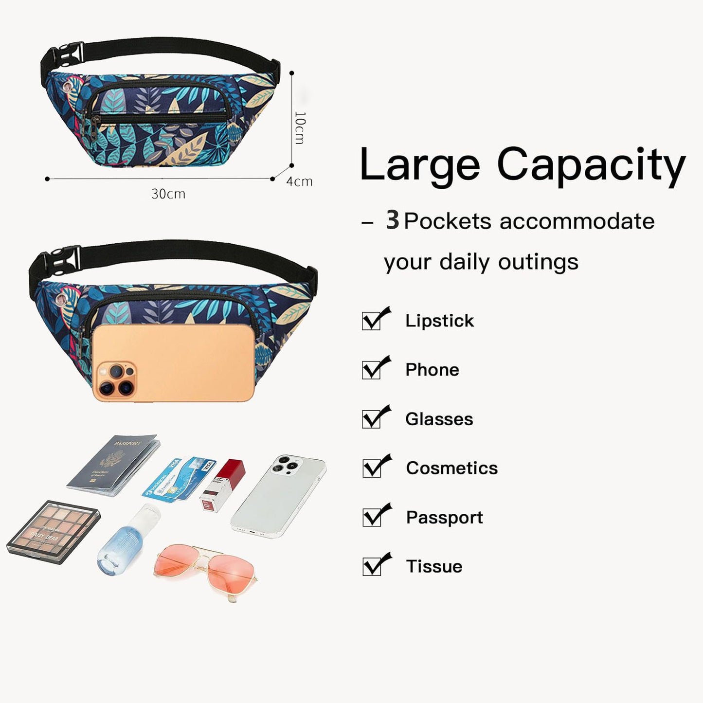 Printed floral nylon fanny waist pack purse for shopping outings travel hiking