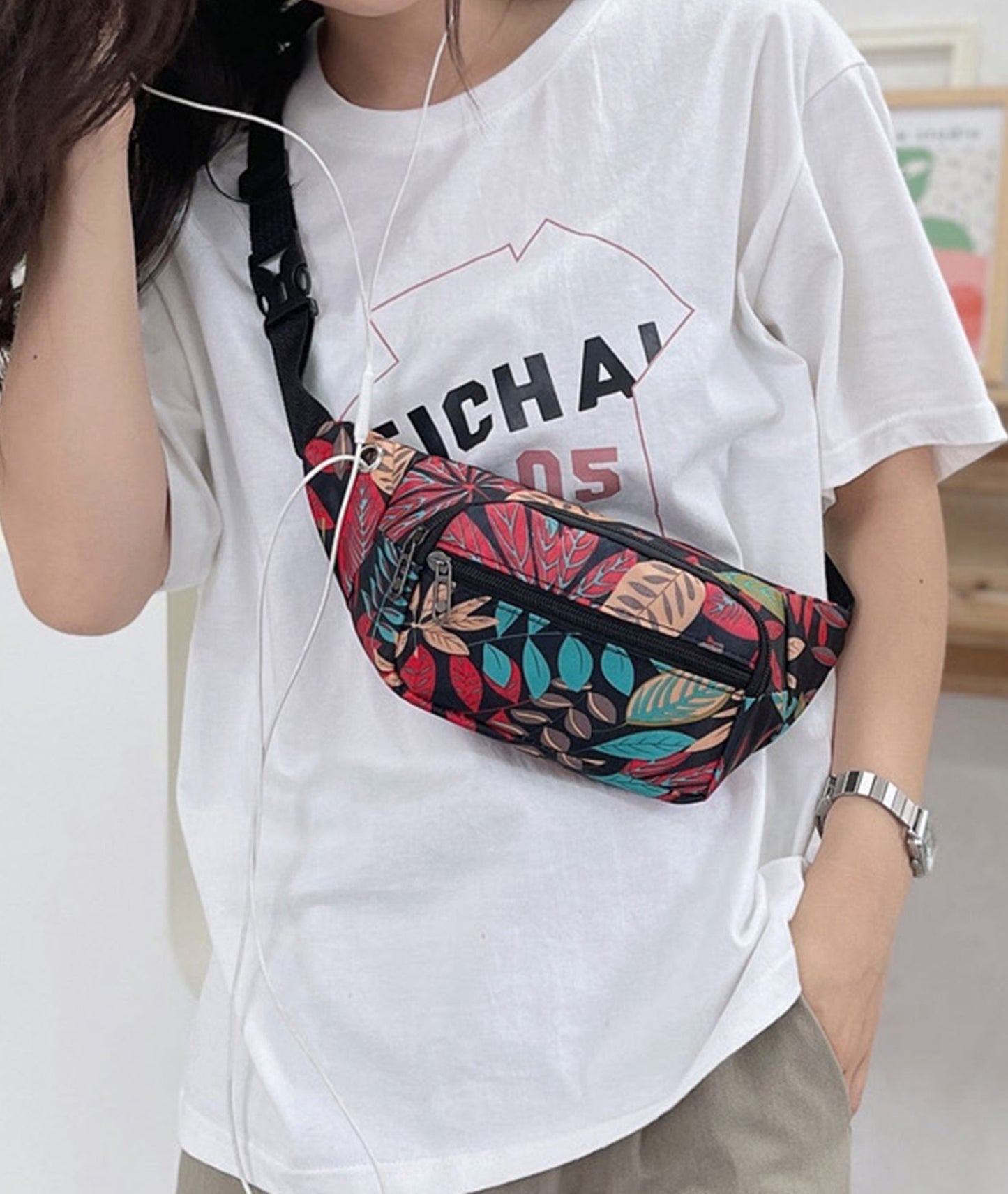 Printed floral nylon fanny waist pack purse for shopping outings travel hiking