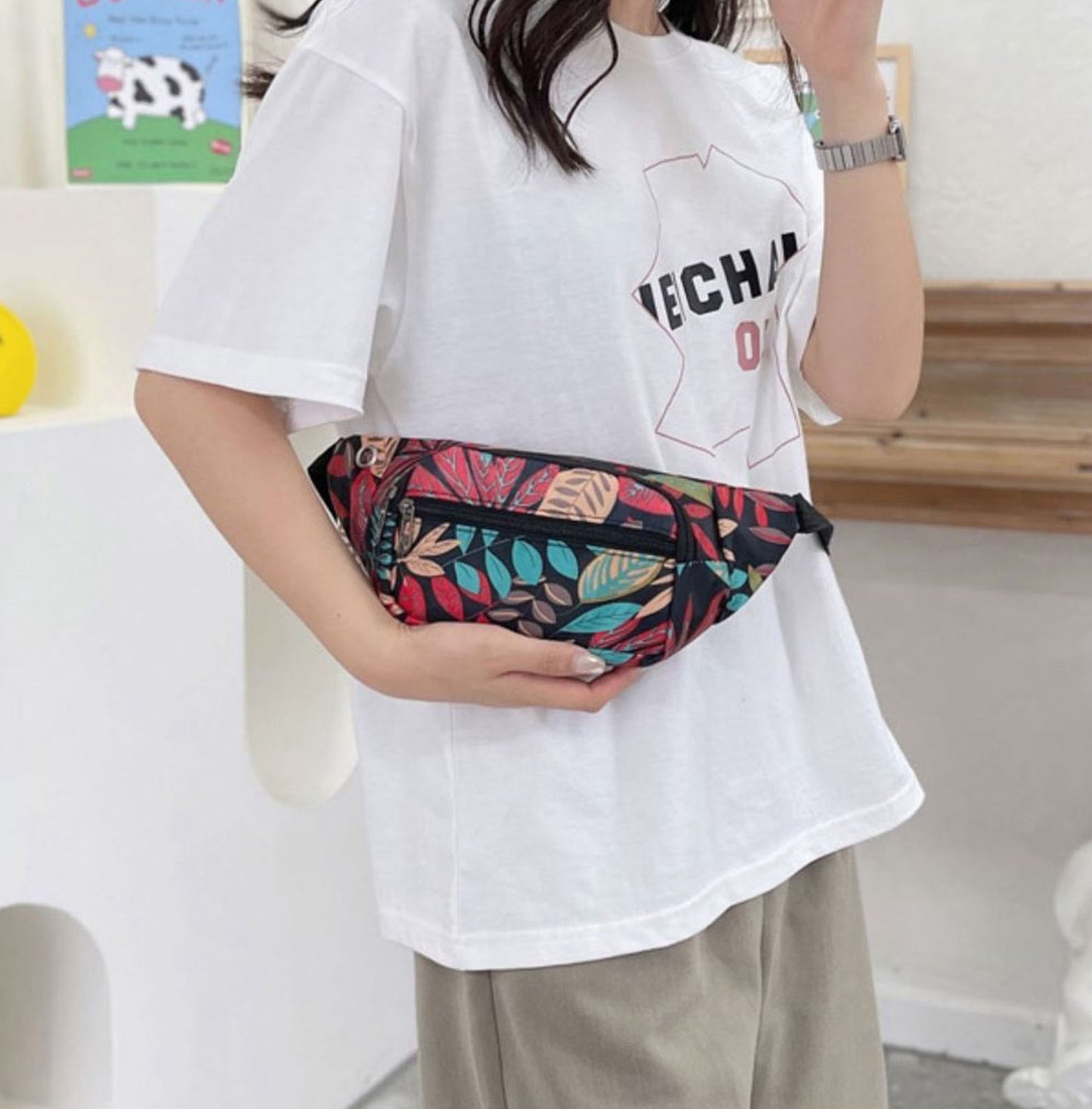 Printed floral nylon fanny waist pack purse for shopping outings travel hiking