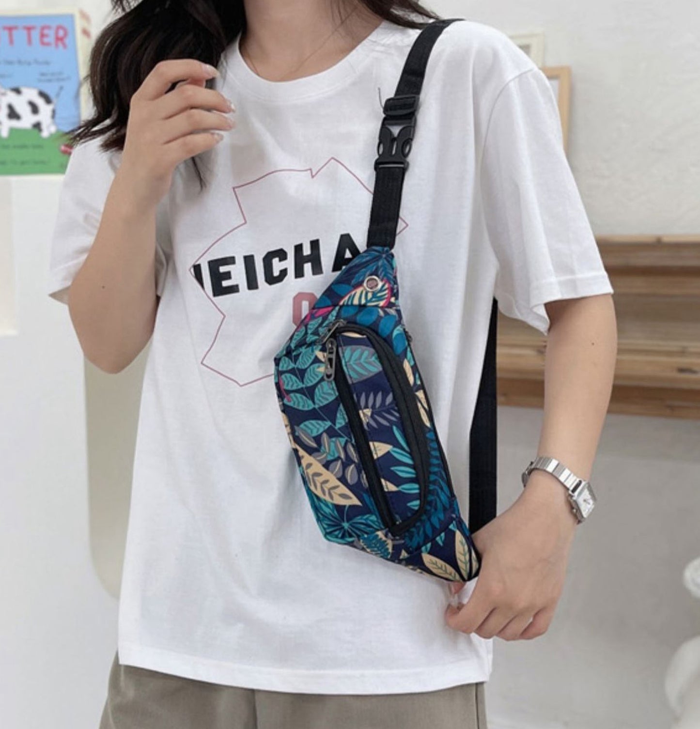Printed floral nylon fanny waist pack purse for shopping outings travel hiking
