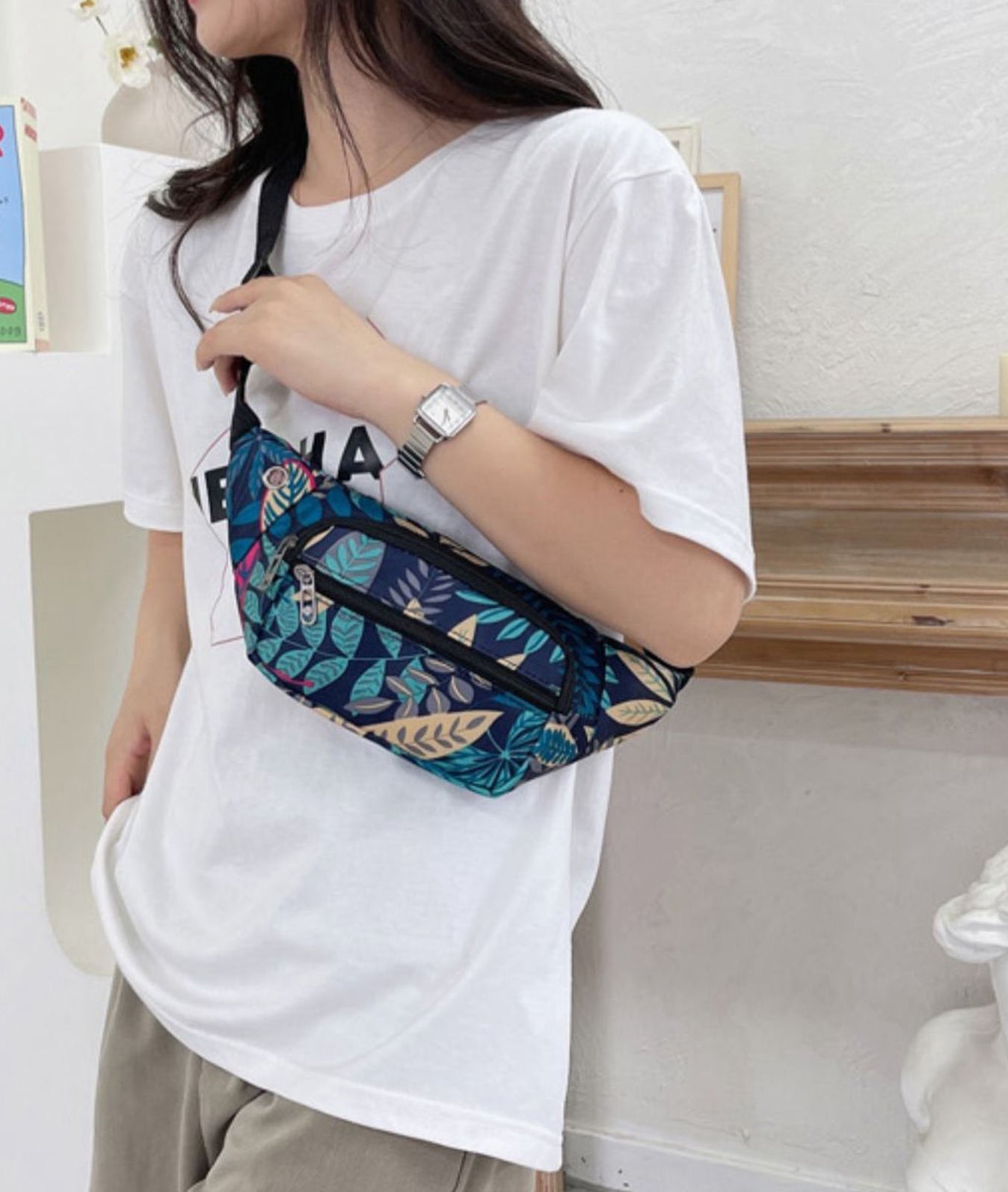 Printed floral nylon fanny waist pack purse for shopping outings travel hiking