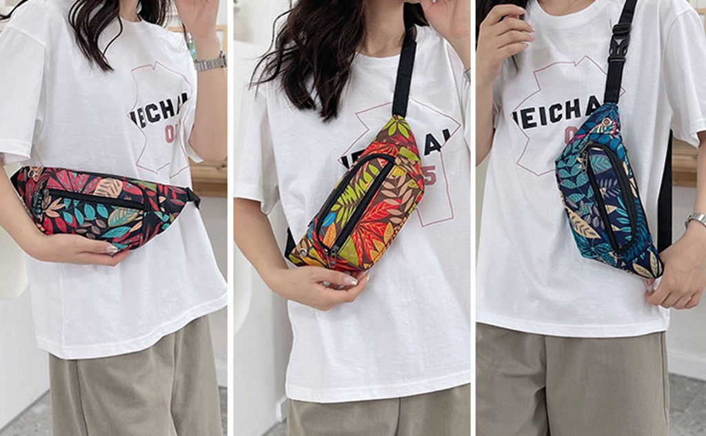 Printed floral nylon fanny waist pack purse for shopping outings travel hiking