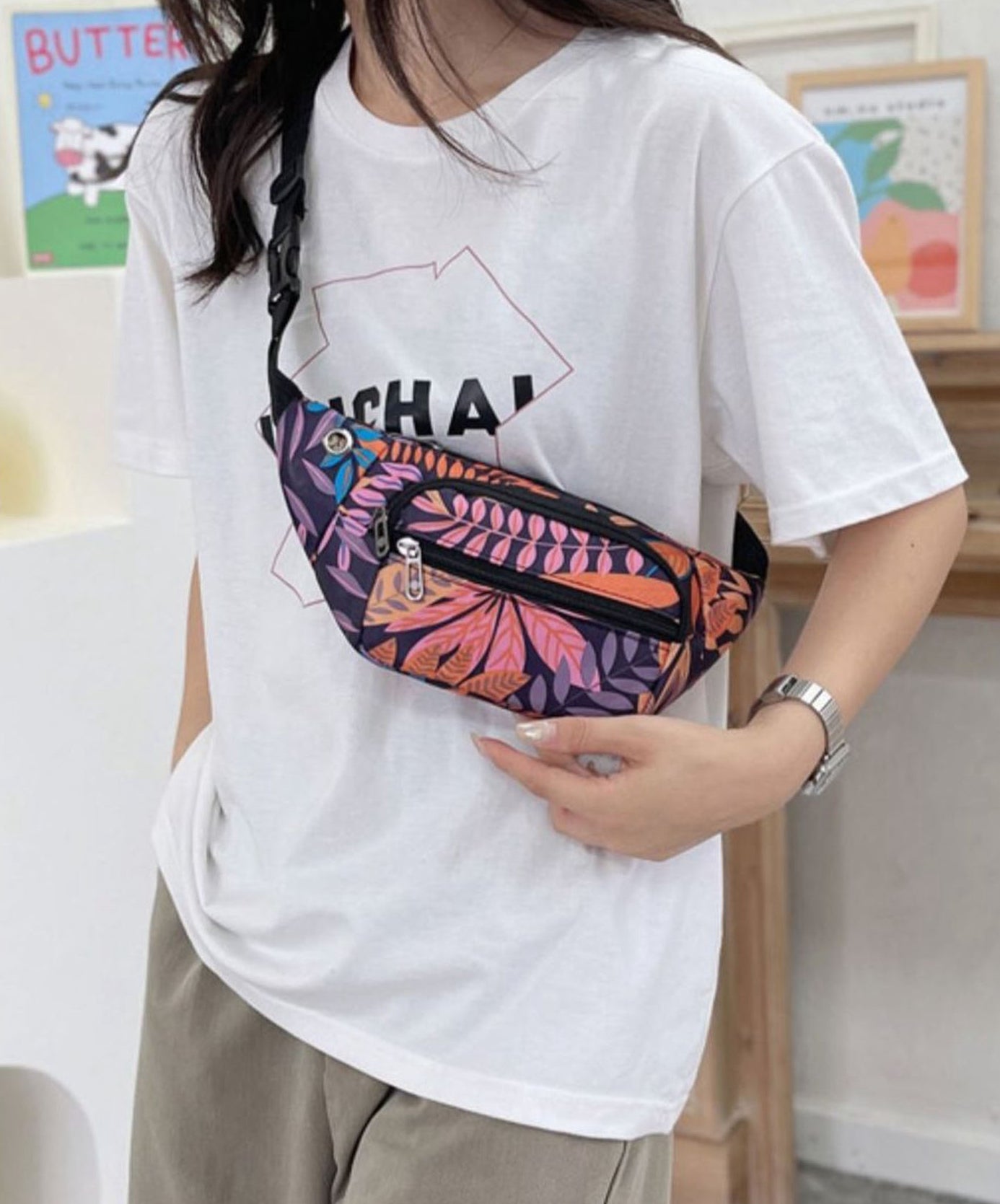 Printed floral nylon fanny waist pack purse for shopping outings travel hiking