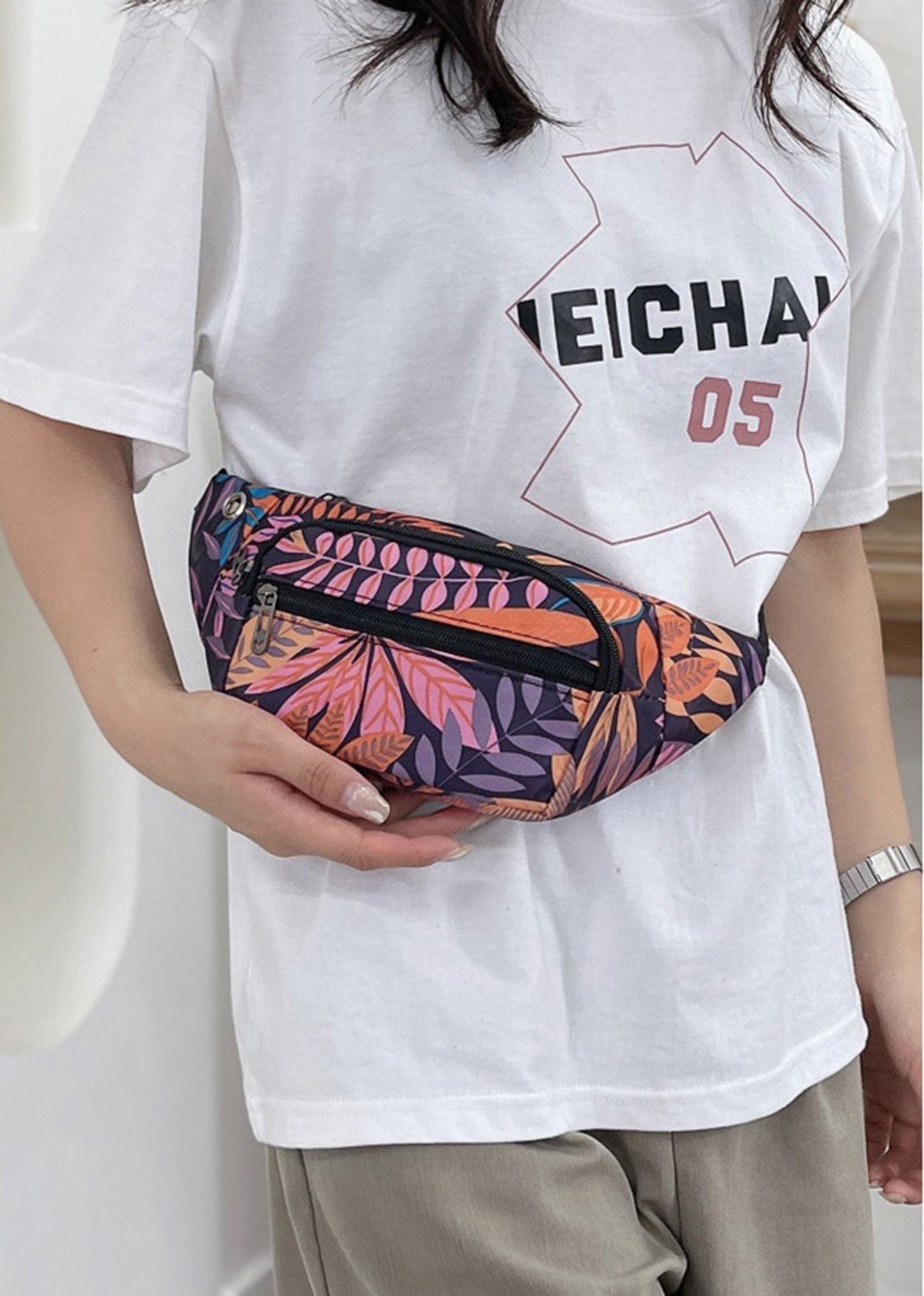 Printed floral nylon fanny waist pack purse for shopping outings travel hiking