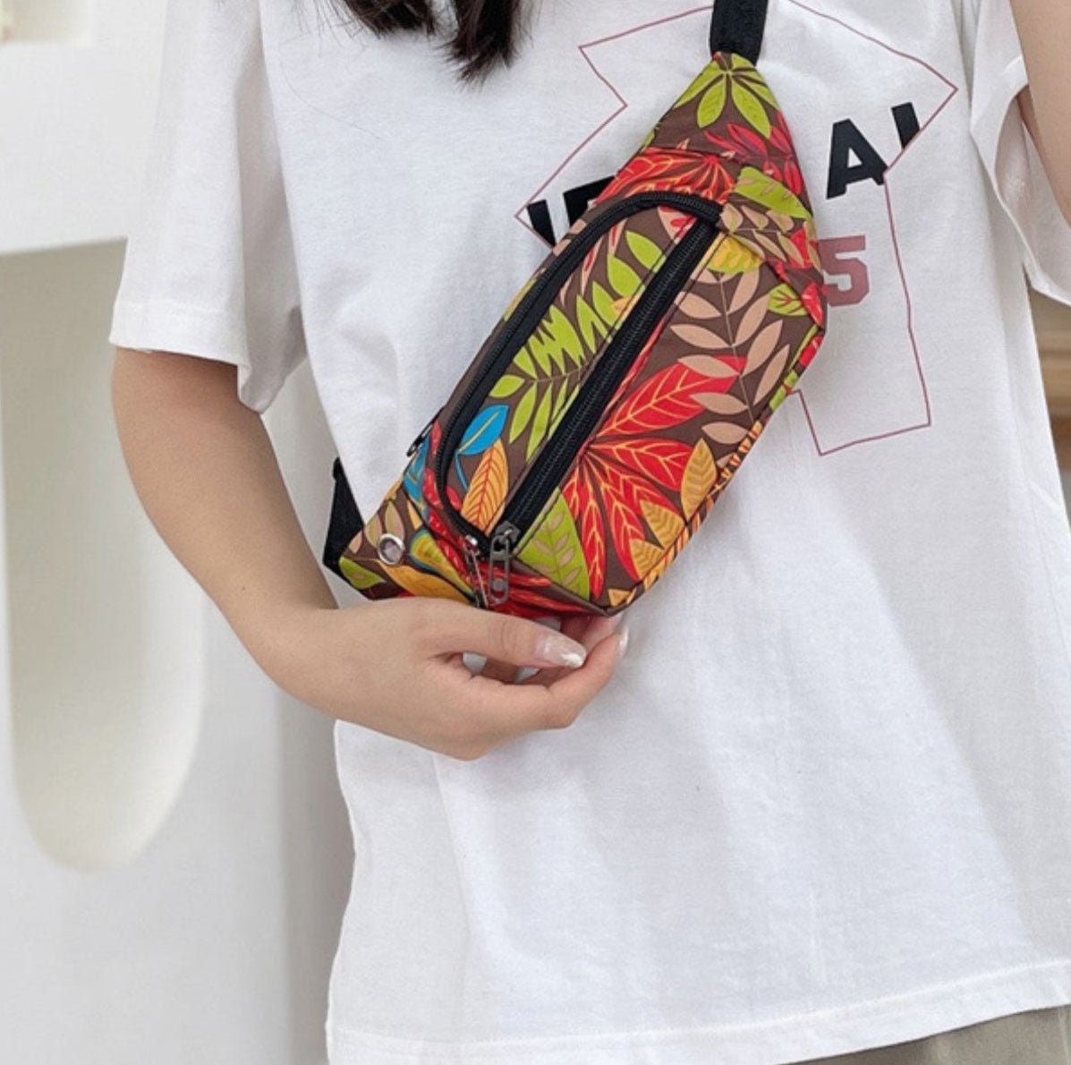 Printed floral nylon fanny waist pack purse for shopping outings travel hiking