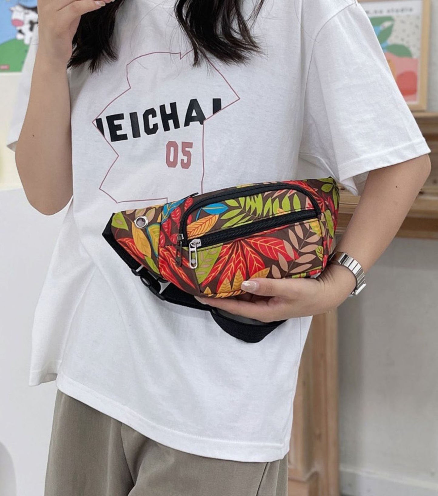 Printed floral nylon fanny waist pack purse for shopping outings travel hiking