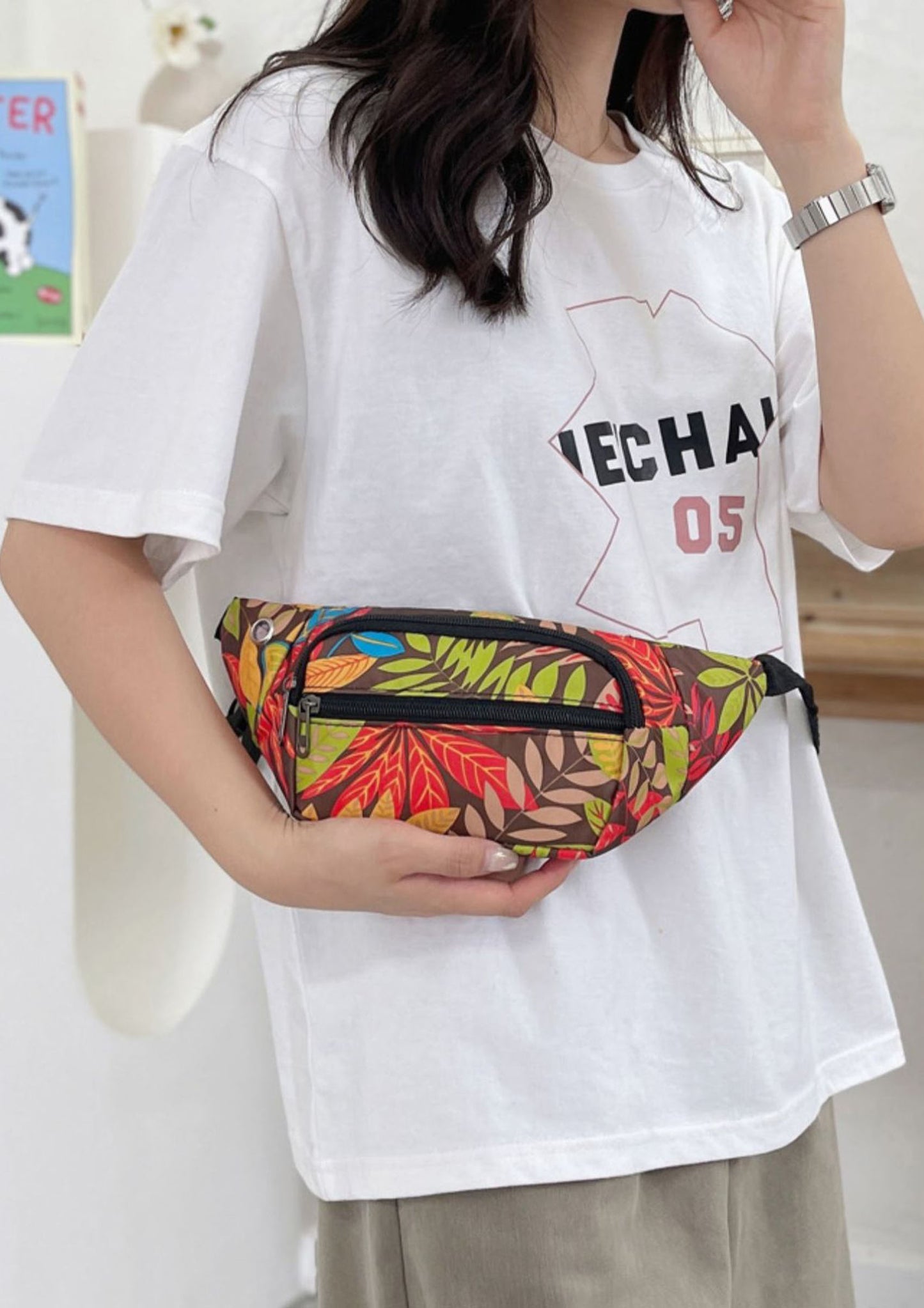 Printed floral nylon fanny waist pack purse for shopping outings travel hiking
