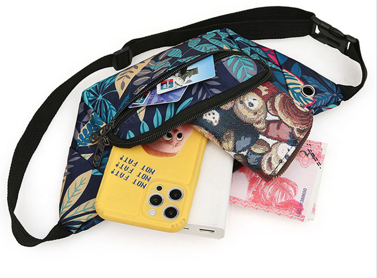 Printed floral nylon fanny waist pack purse for shopping outings travel hiking